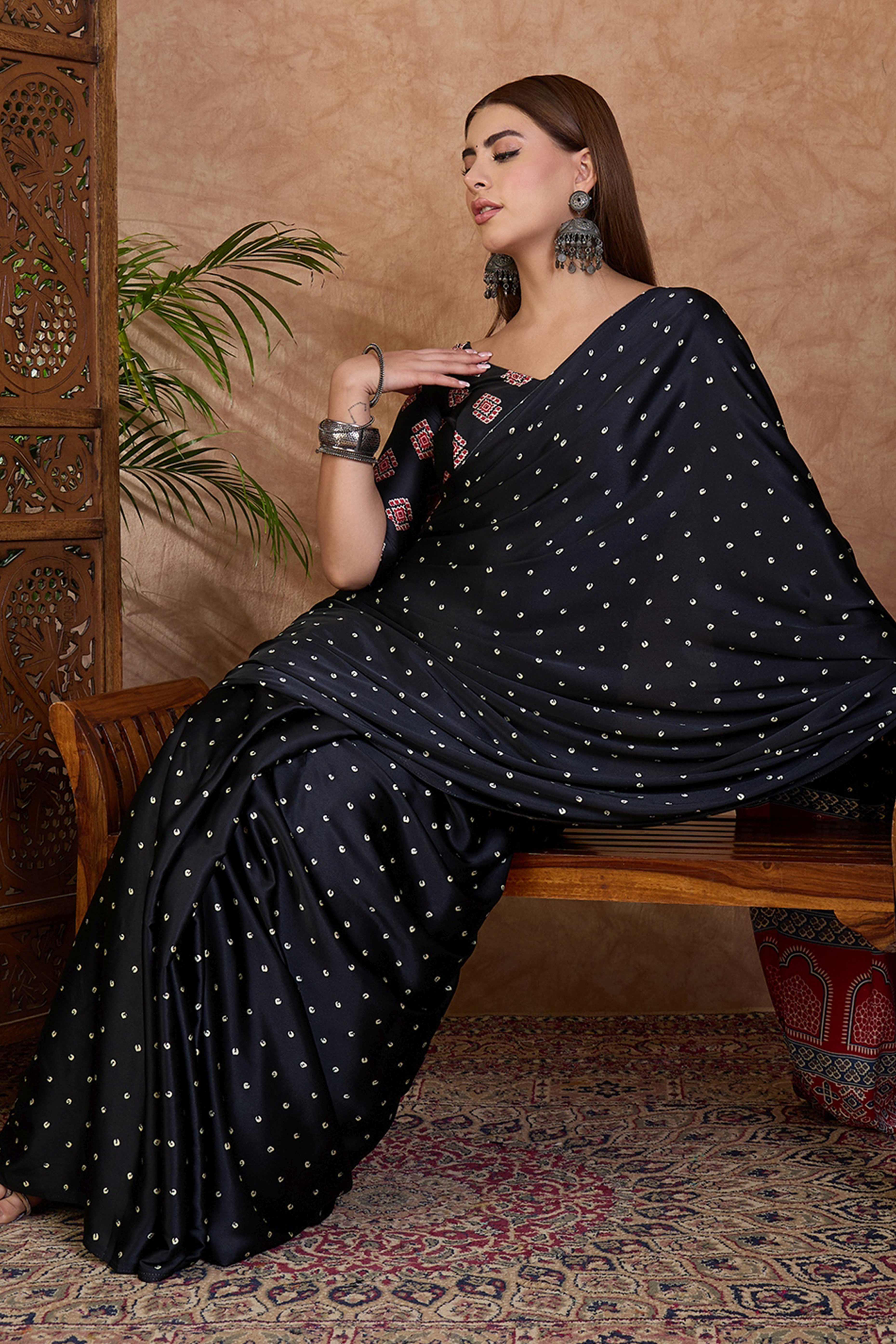 Black Polka Dot Modal Satin Saree with Traditional Ajrakh Detailing on Pallu