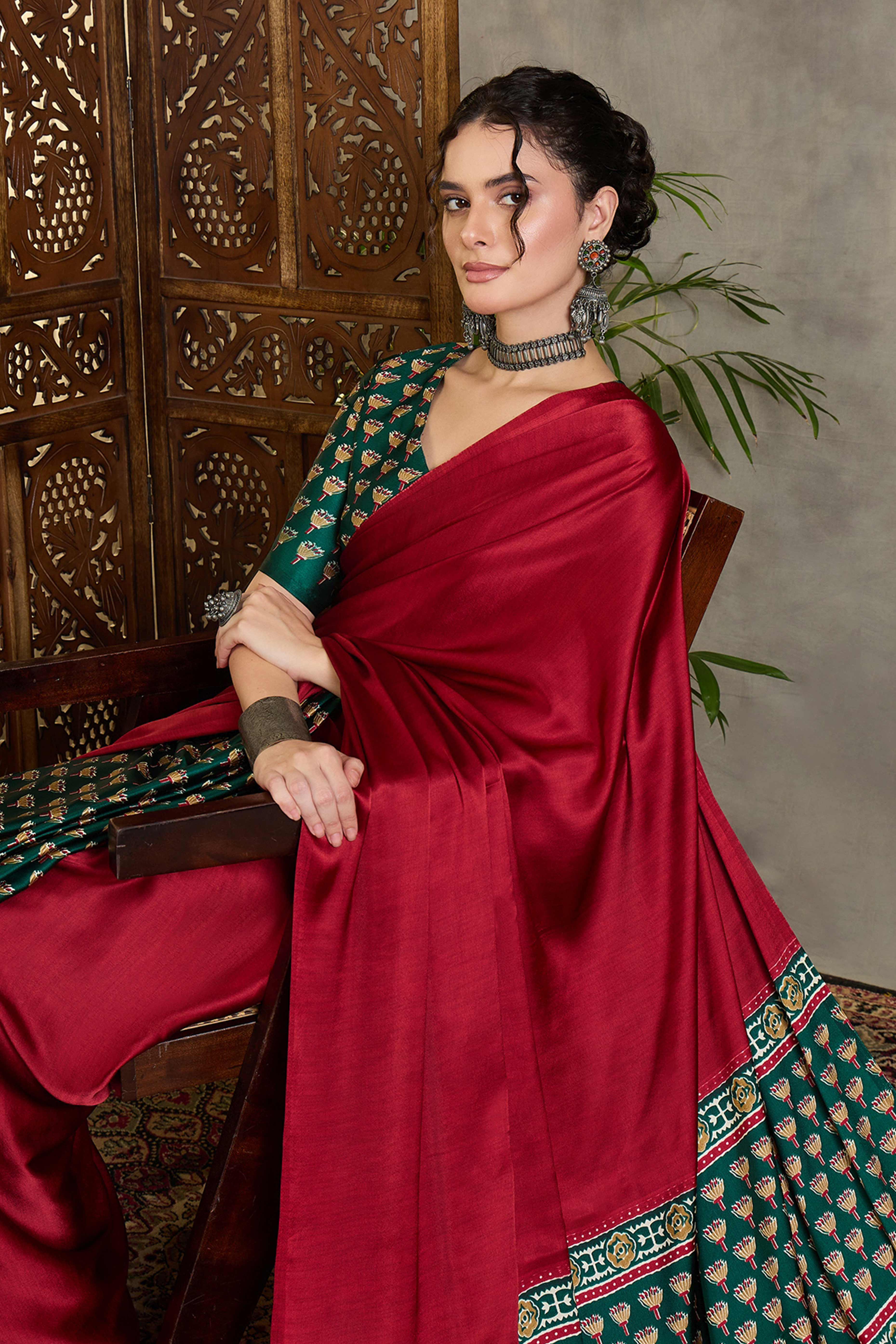 Green Solid Modal Satin Saree Highlighted with Classic Ajrakh Pallu Design