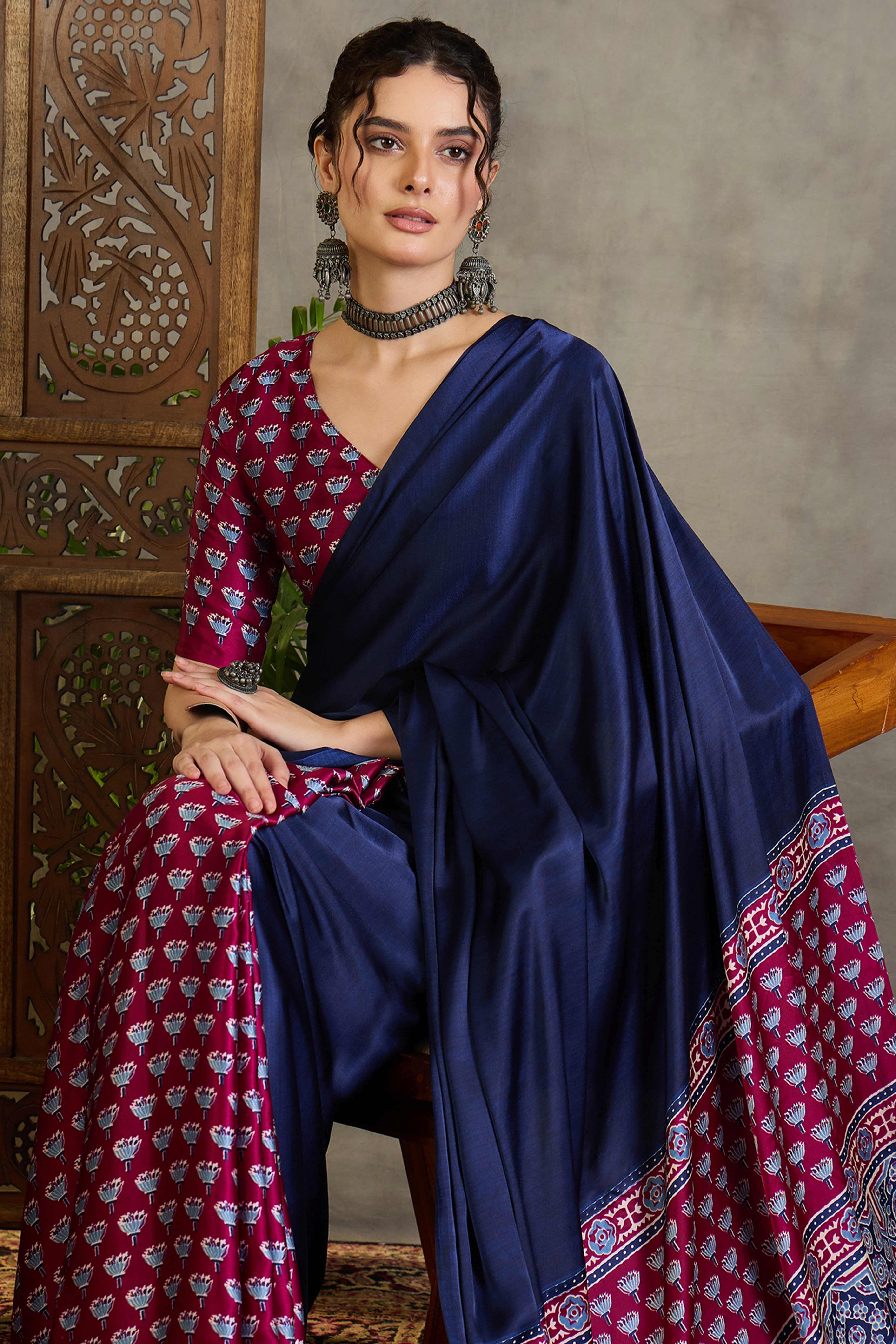 Wine Solid Modal Satin Saree Highlighted with Classic Ajrakh Pallu Design