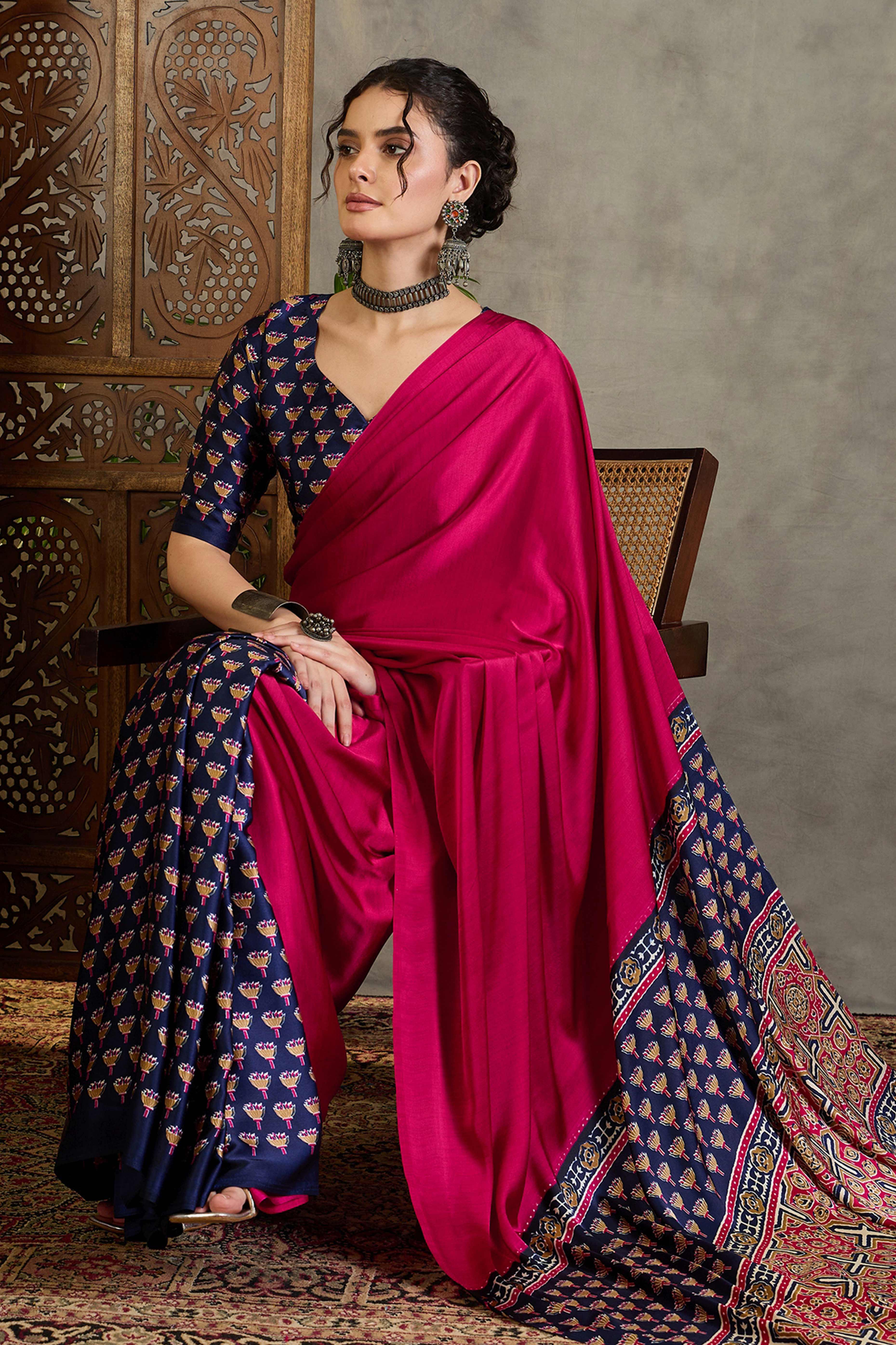 Blue Solid Modal Satin Saree Highlighted with Classic Ajrakh Pallu Design