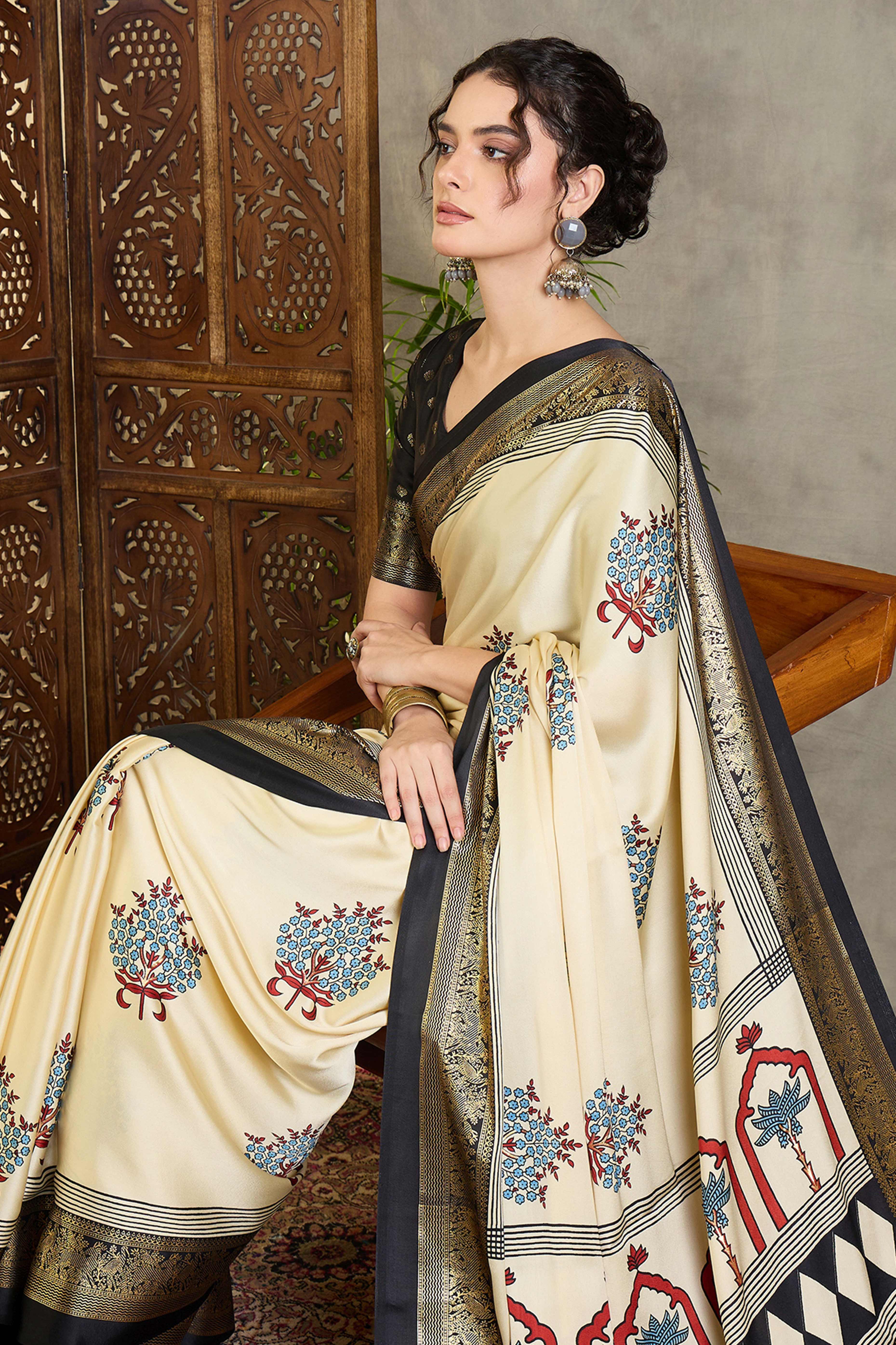 Cream Floral Printed Modal Satin Saree with Traditional Zari Detailing