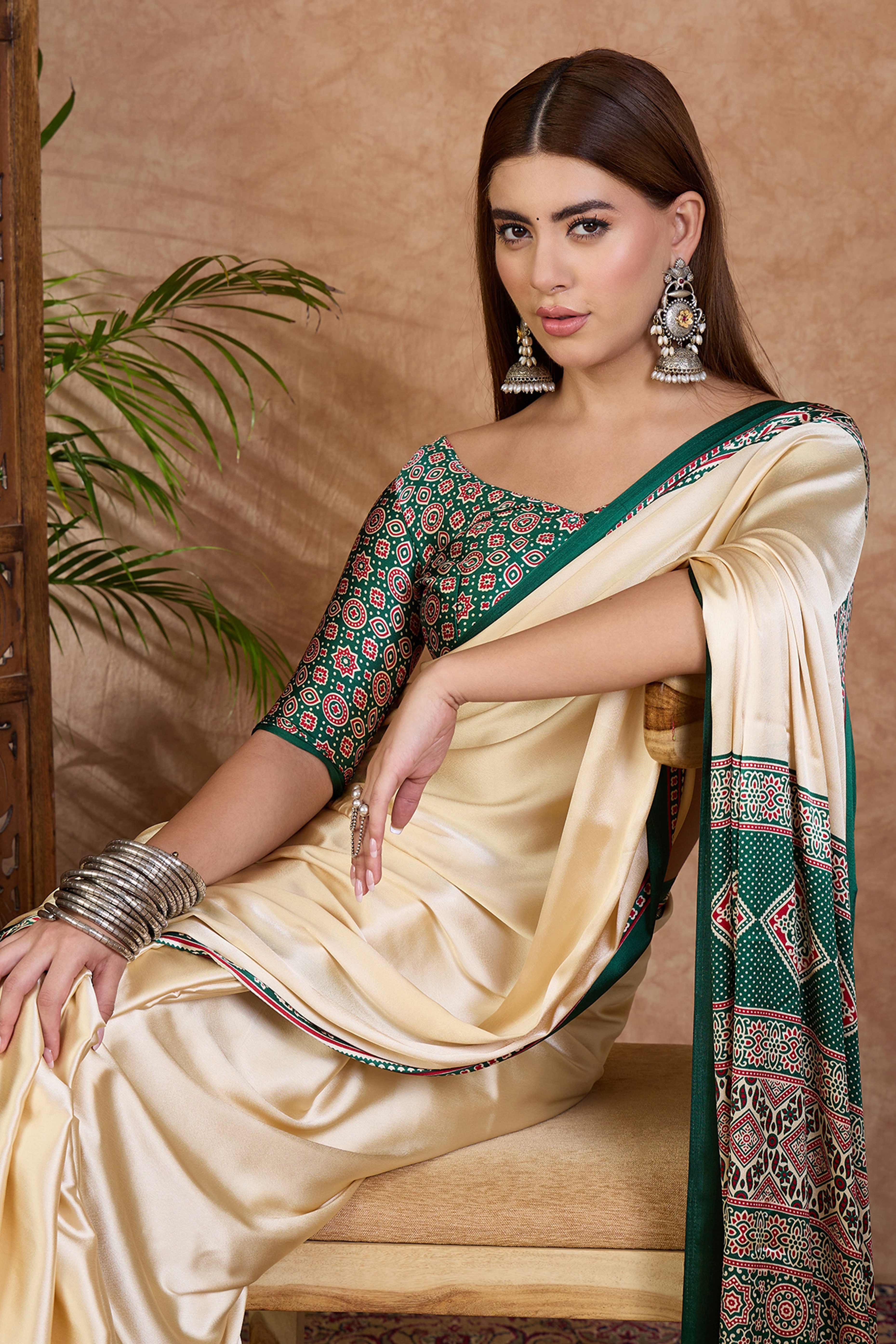 Cream & Green Modal Satin Saree Featuring a Solid Base and Artisanal Ajrakh Pallu
