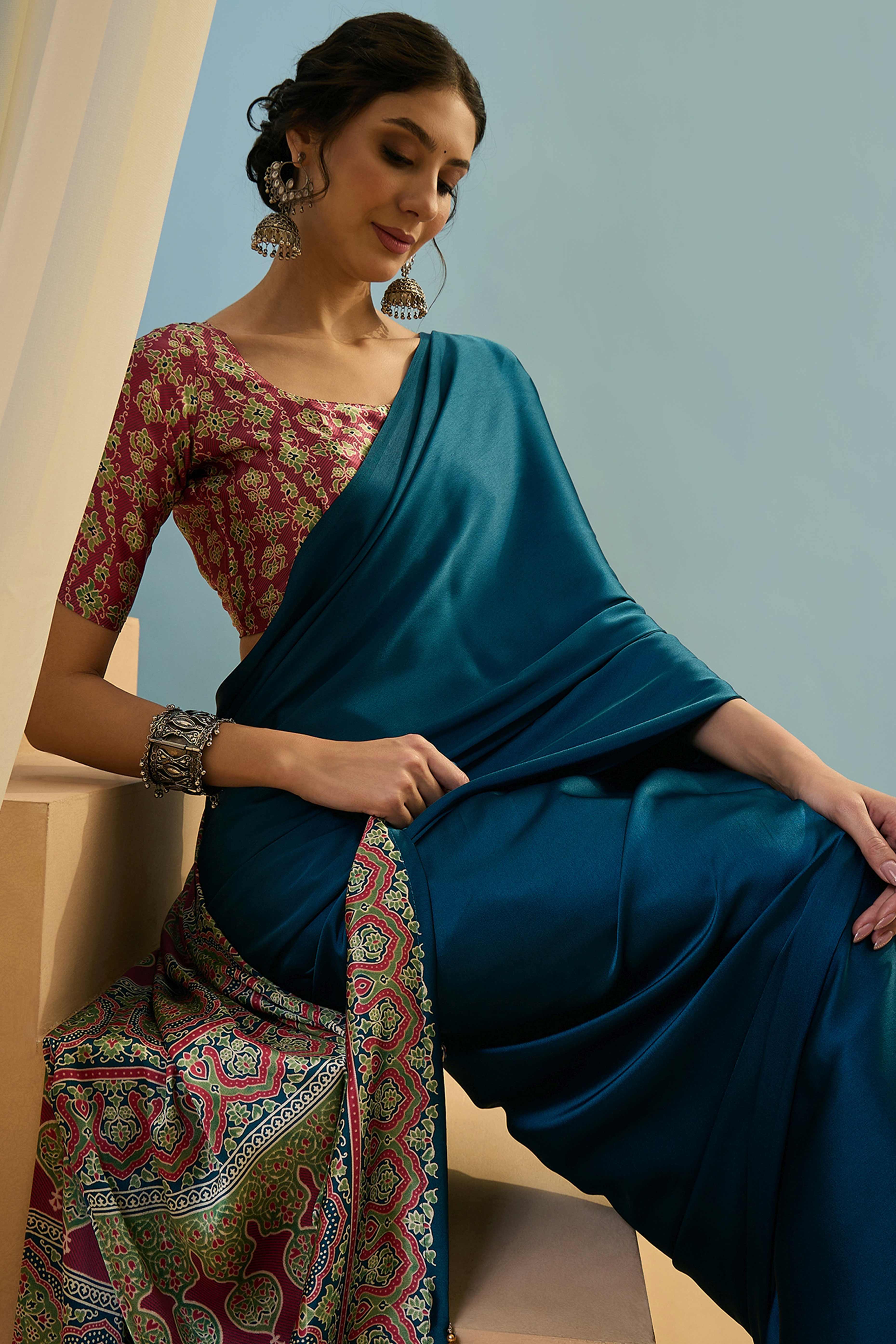 Blue Solid Modal Satin Saree Highlighted With Classic Ajrakh Pallu Design