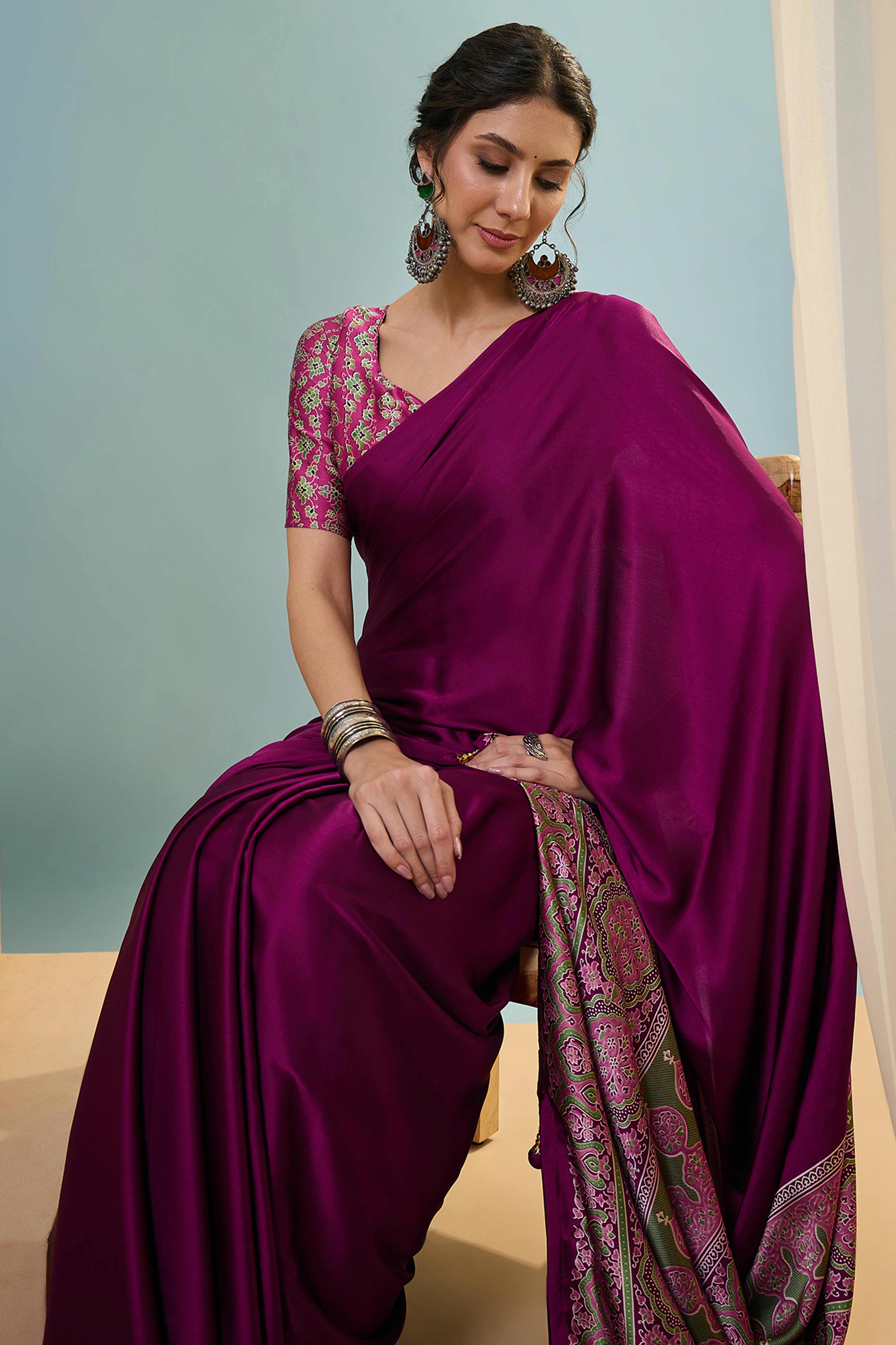 Magenta Solid Modal Satin Saree Highlighted With Classic Ajrakh Pallu Design