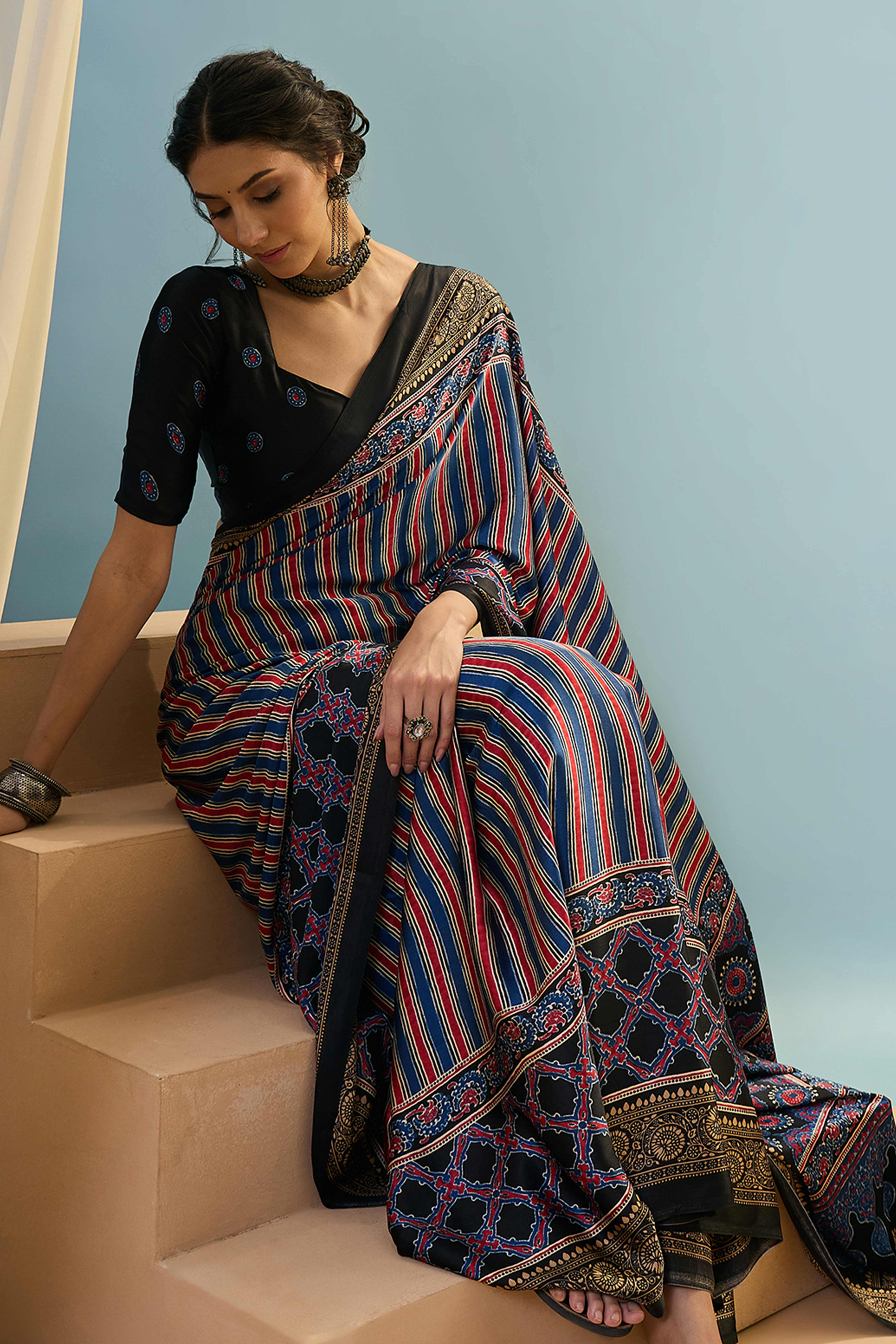 Modern Black Striped Printed Modal Satin Saree with Luxurious Flow and Shine