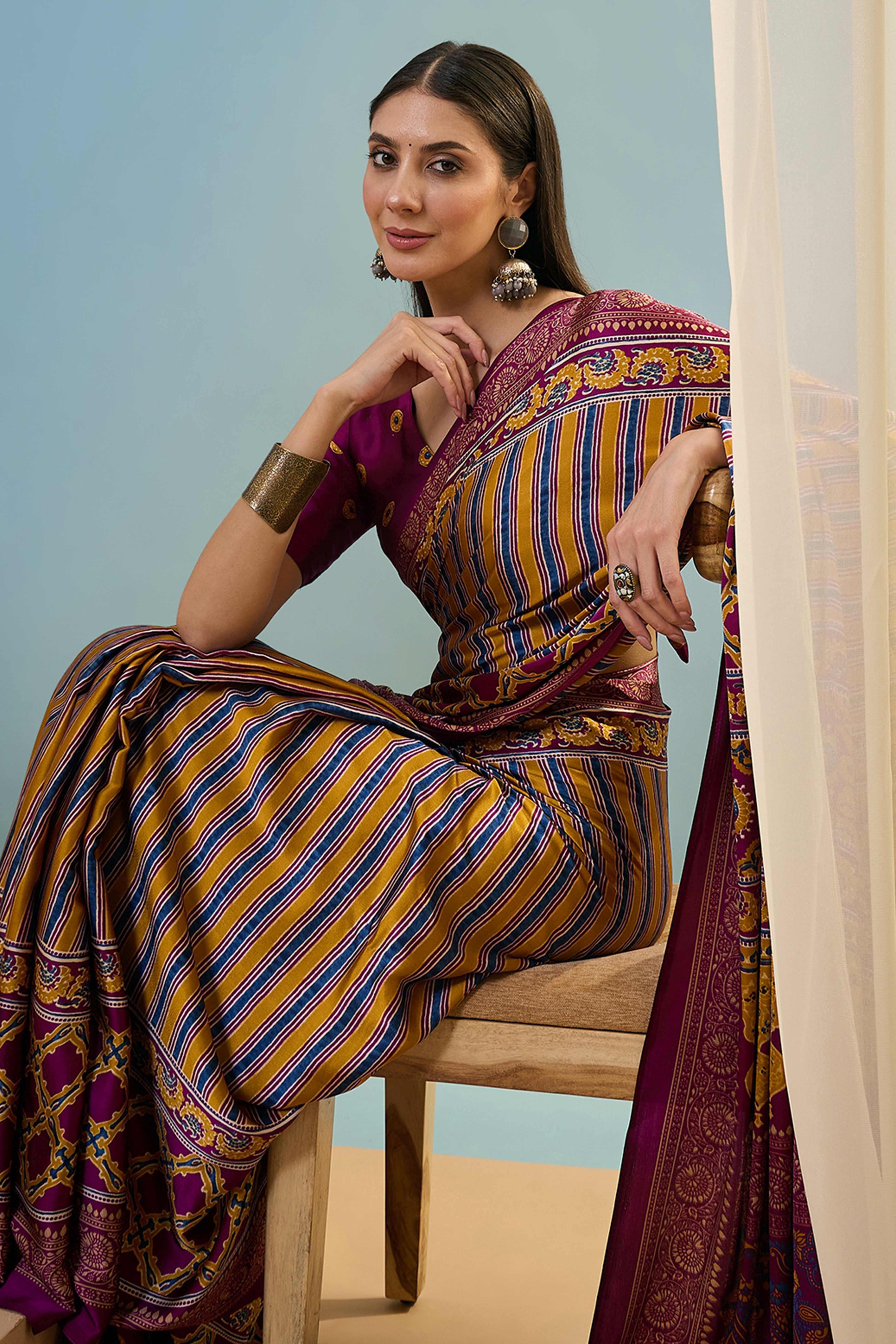Modern Magenta Striped Printed Modal Satin Saree with Luxurious Flow and Shine