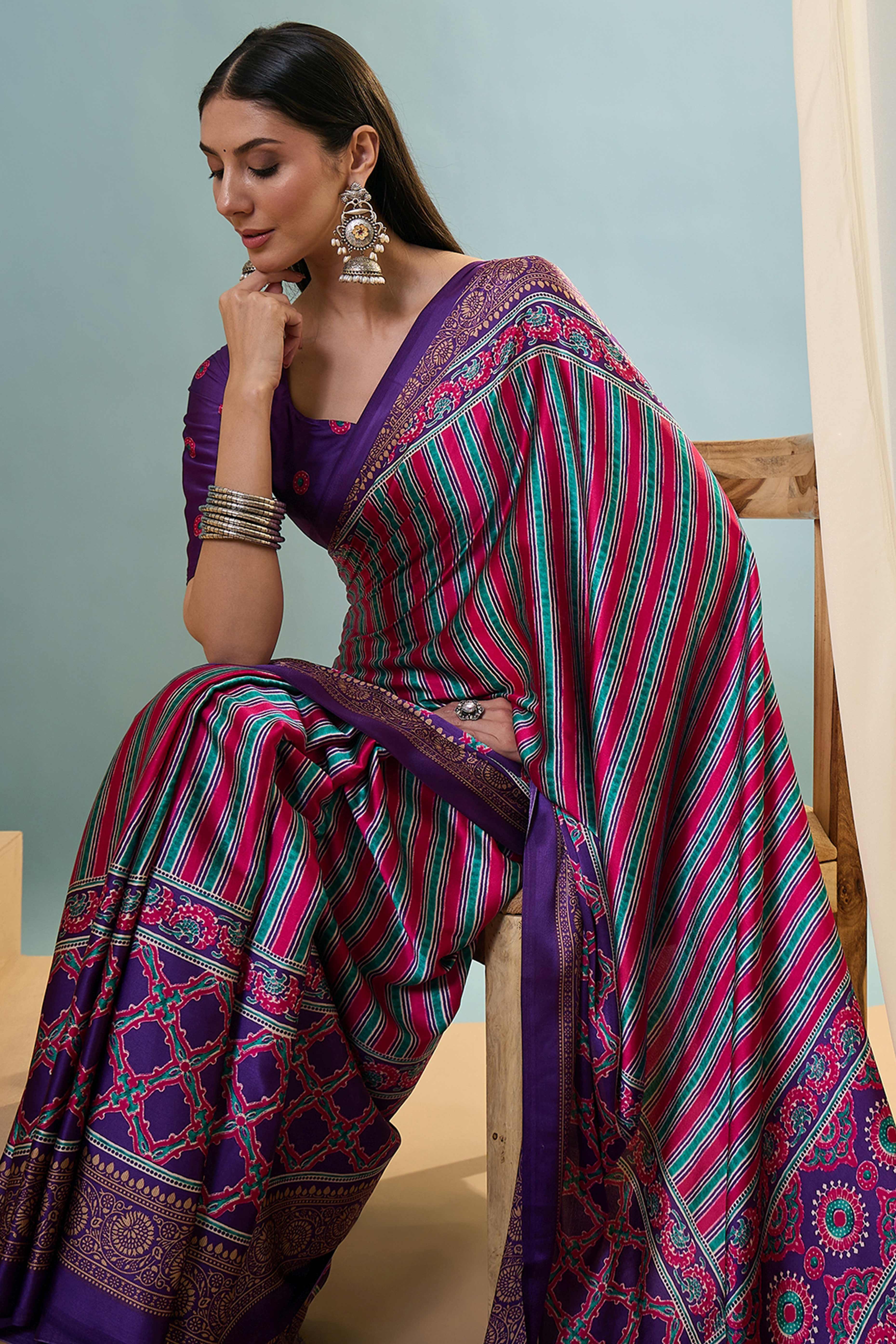Modern Purple Striped Printed Modal Satin Saree with Luxurious Flow and Shine