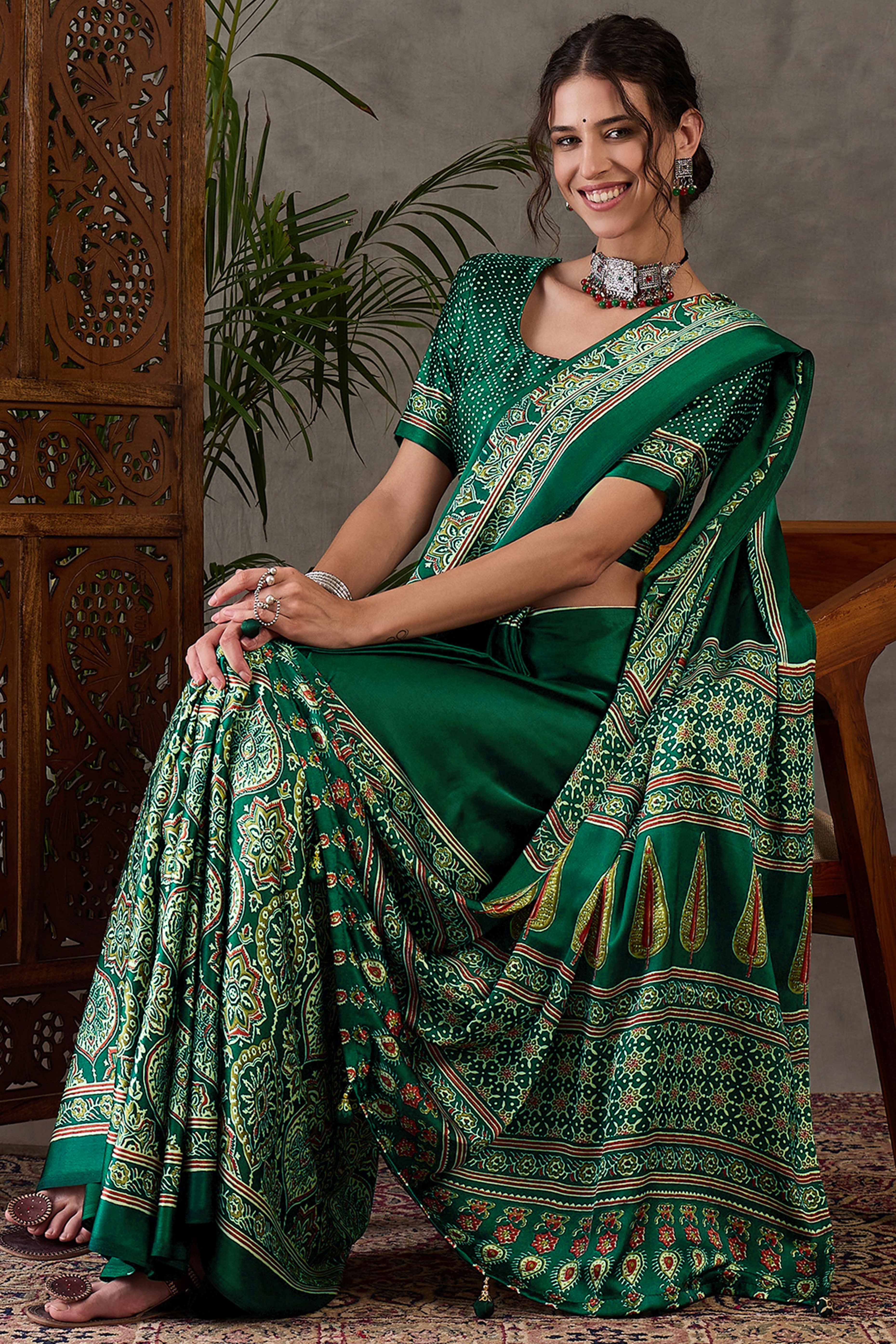 Green Ajrakh Printed Modal Satin Saree with Rich Party Wear Look