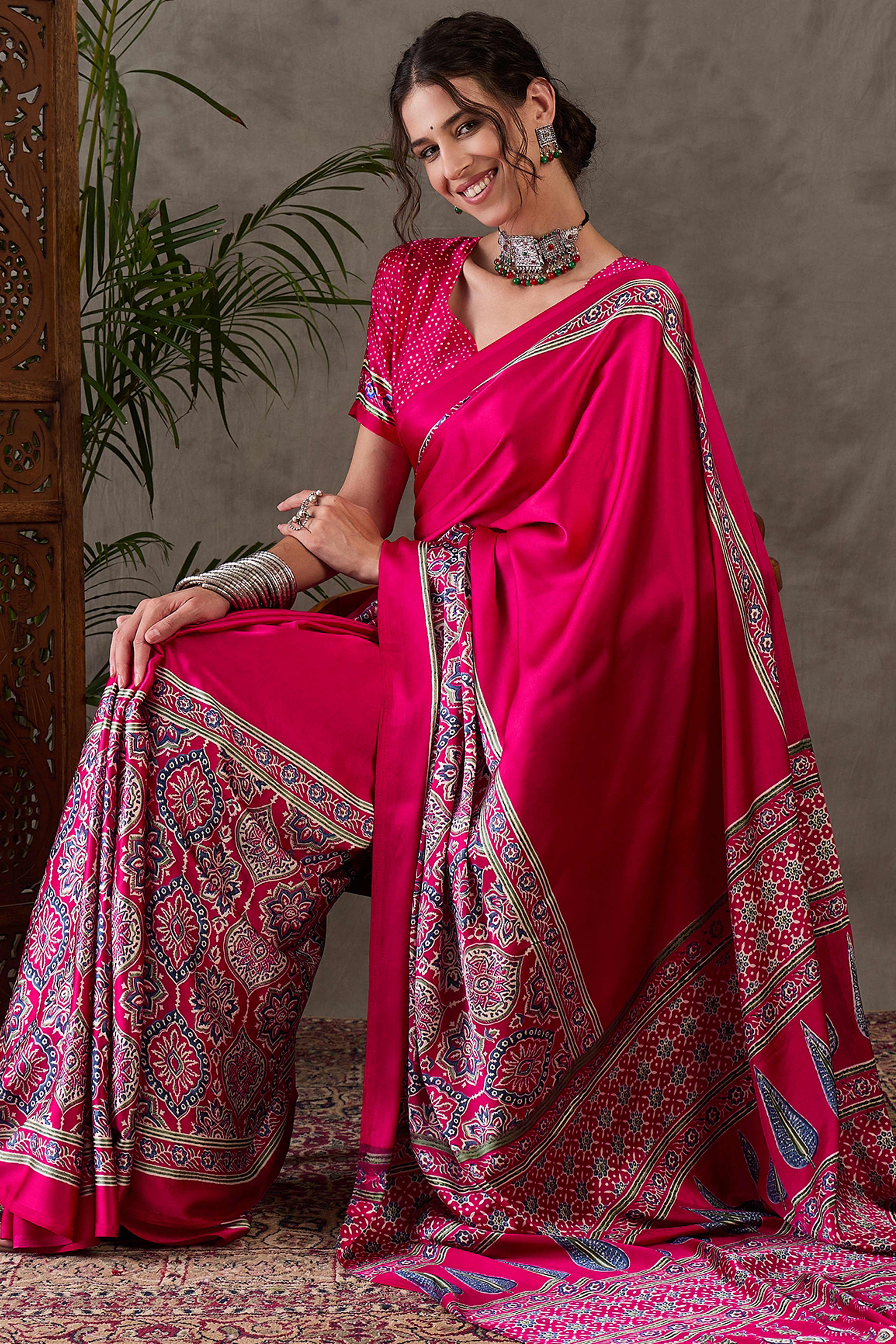 Pink Ajrakh Printed Modal Satin Saree with Rich Party Wear Look