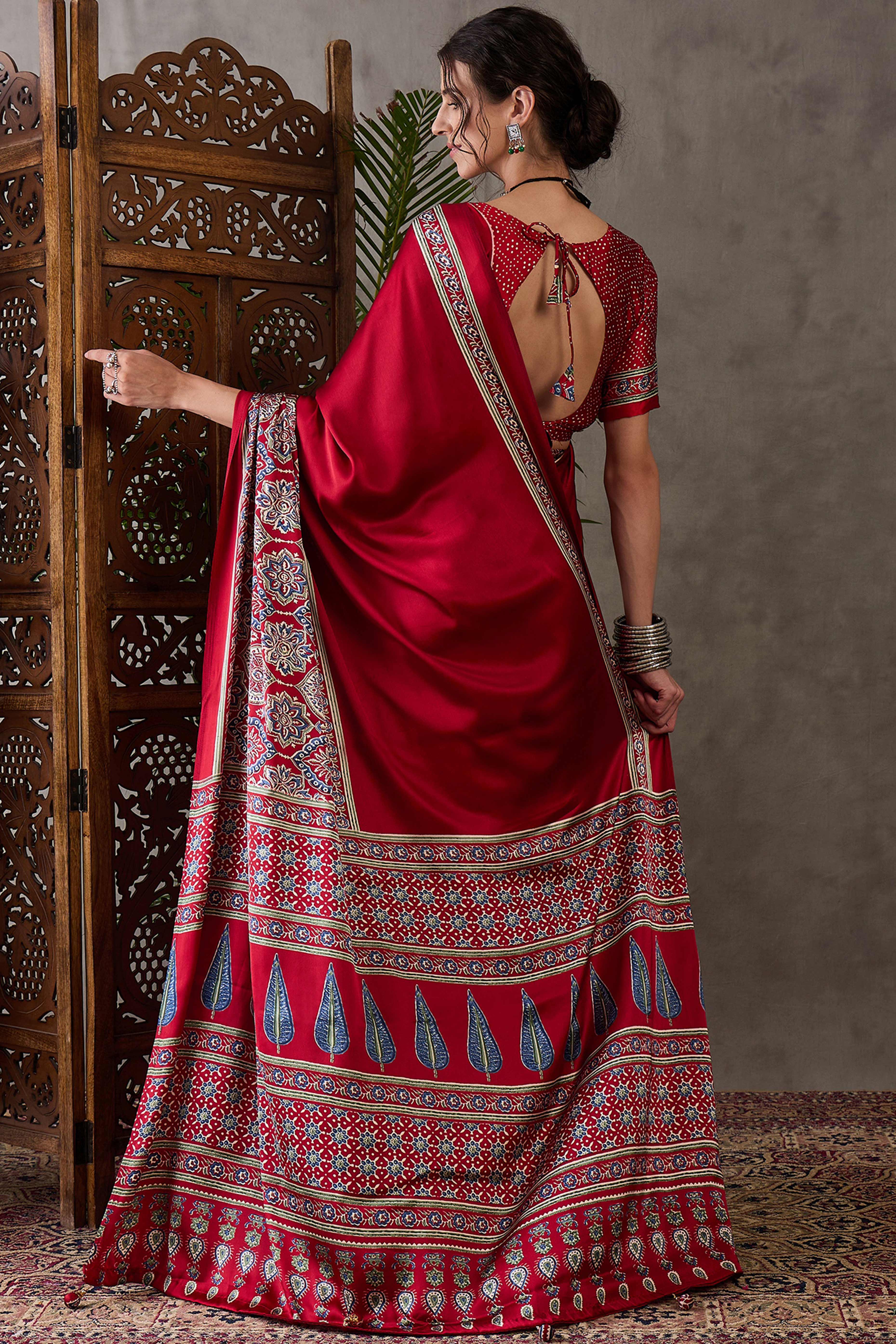 Red Ajrakh Printed Modal Satin Saree with Rich Party Wear Look