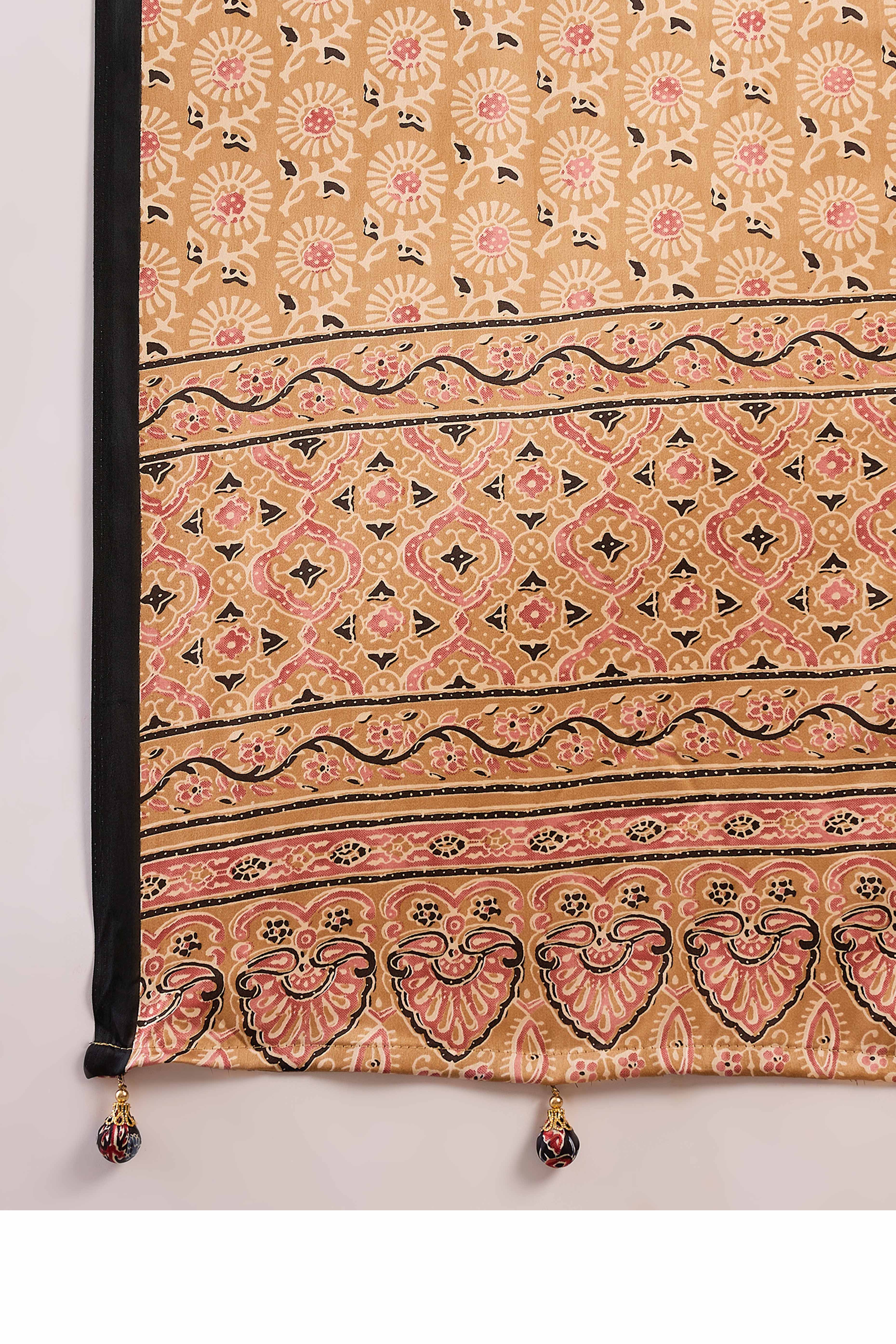 Black & Chikoo Ajrakh Printed Modal Satin Saree with Elegant Party Wear Appeal