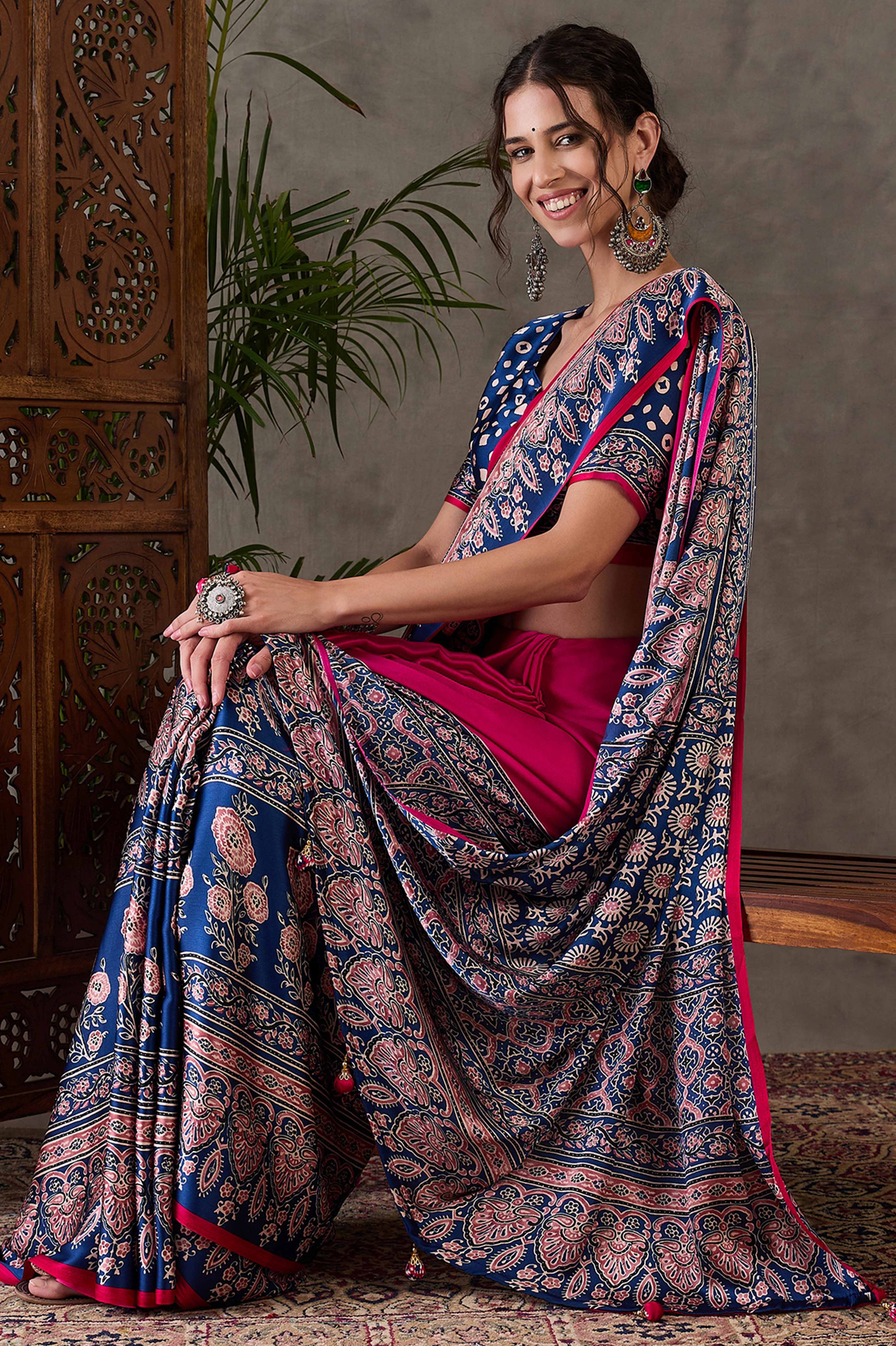 Pink & Blue Ajrakh Printed Modal Satin Saree with Elegant Party Wear Appeal