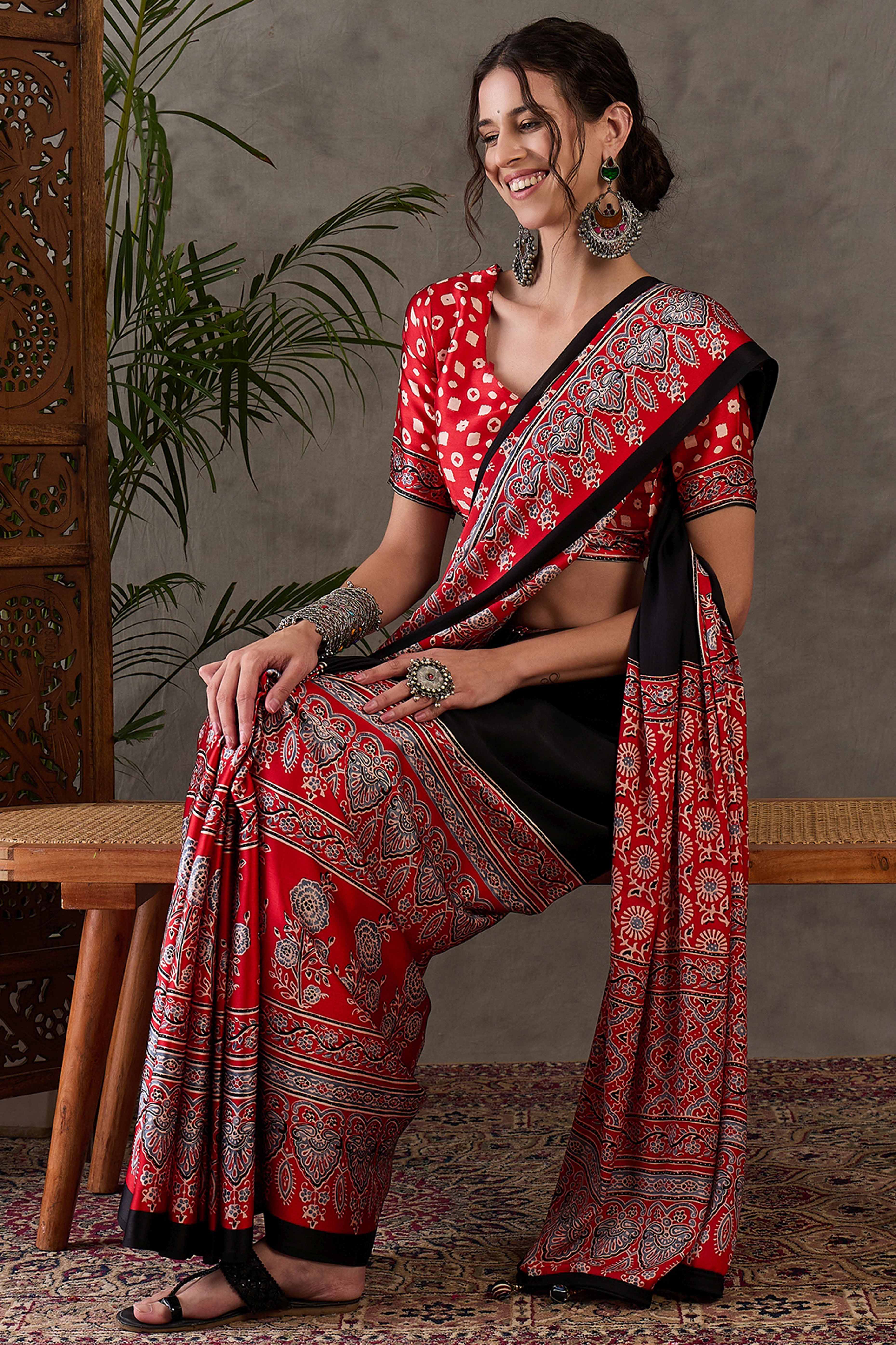Black & Red Ajrakh Printed Modal Satin Saree with Elegant Party Wear Appeal