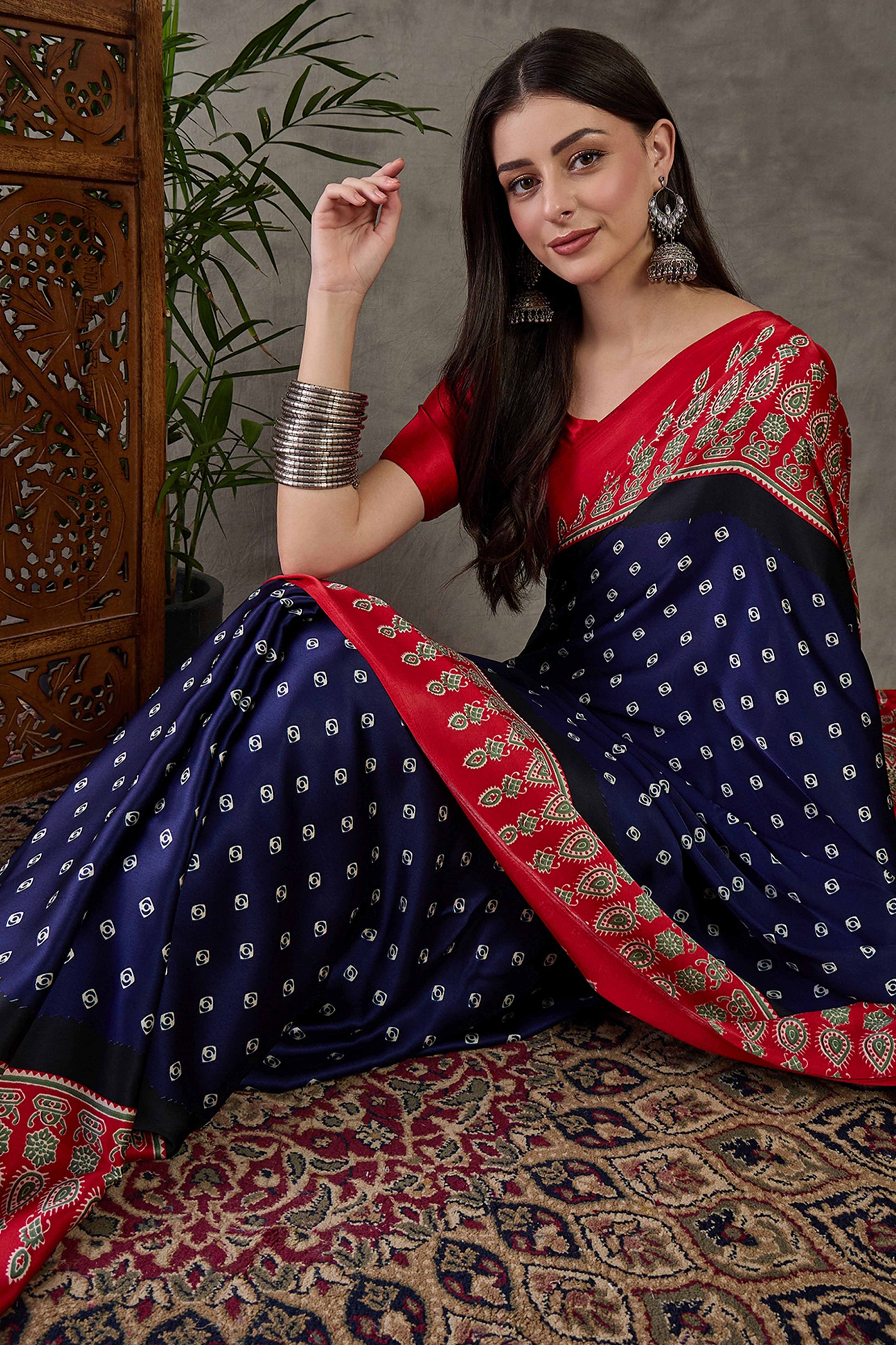 Blue Ajrakh Printed Modal Satin Saree with Traditional Ajrakh Charm