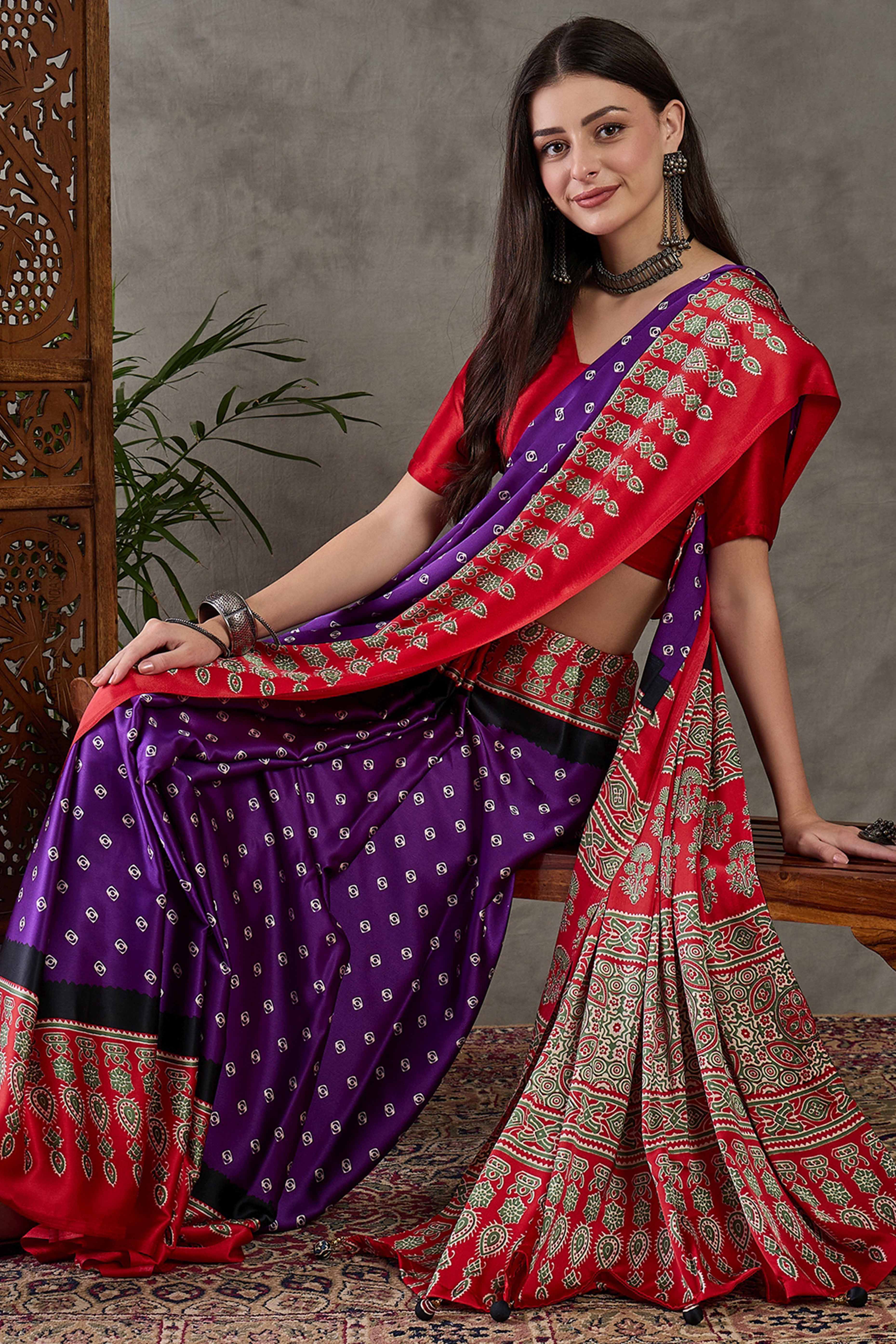 Purple Ajrakh Printed Modal Satin Saree with Traditional Ajrakh Charm