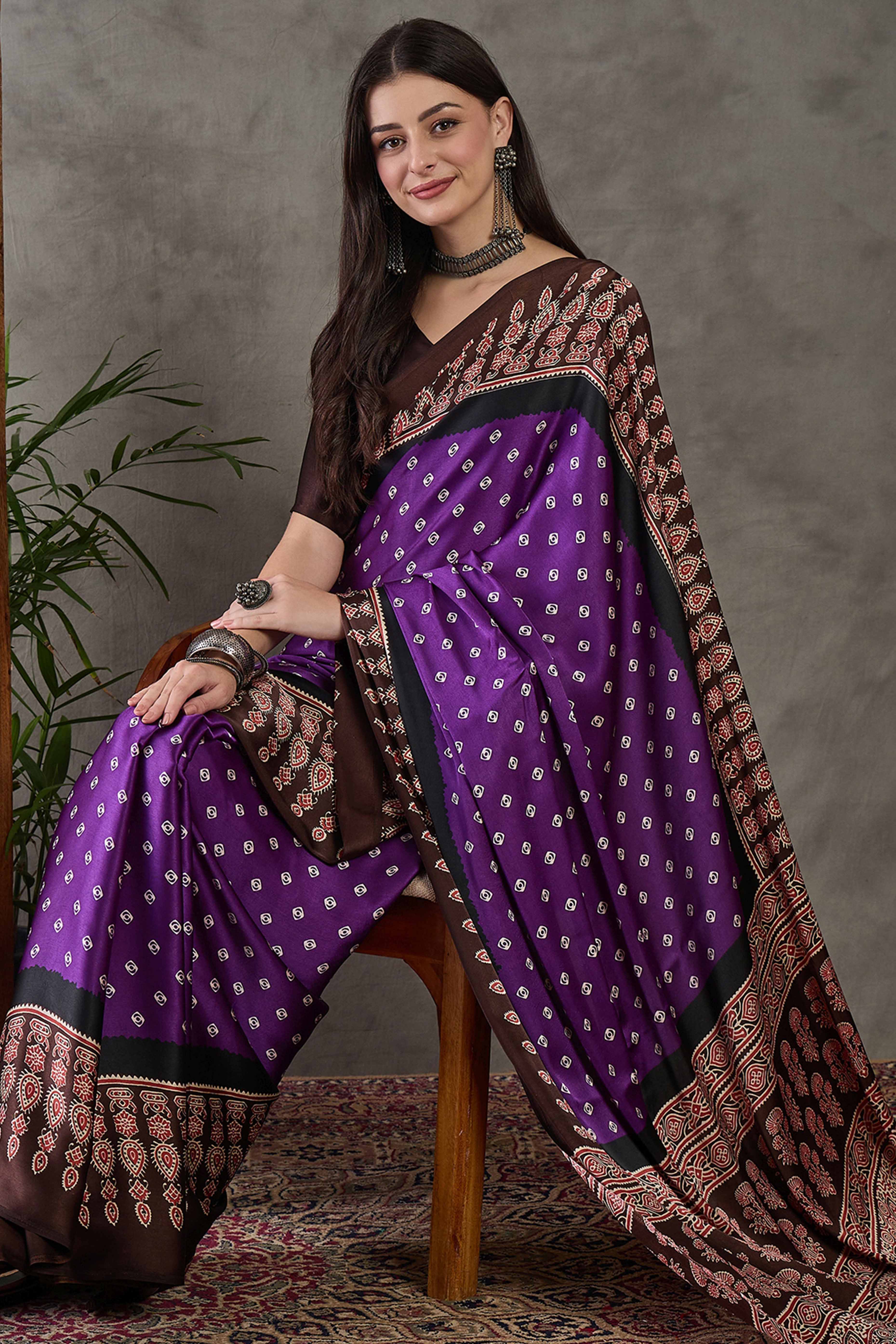 Violet Ajrakh Printed Modal Satin Saree with Traditional Ajrakh Charm