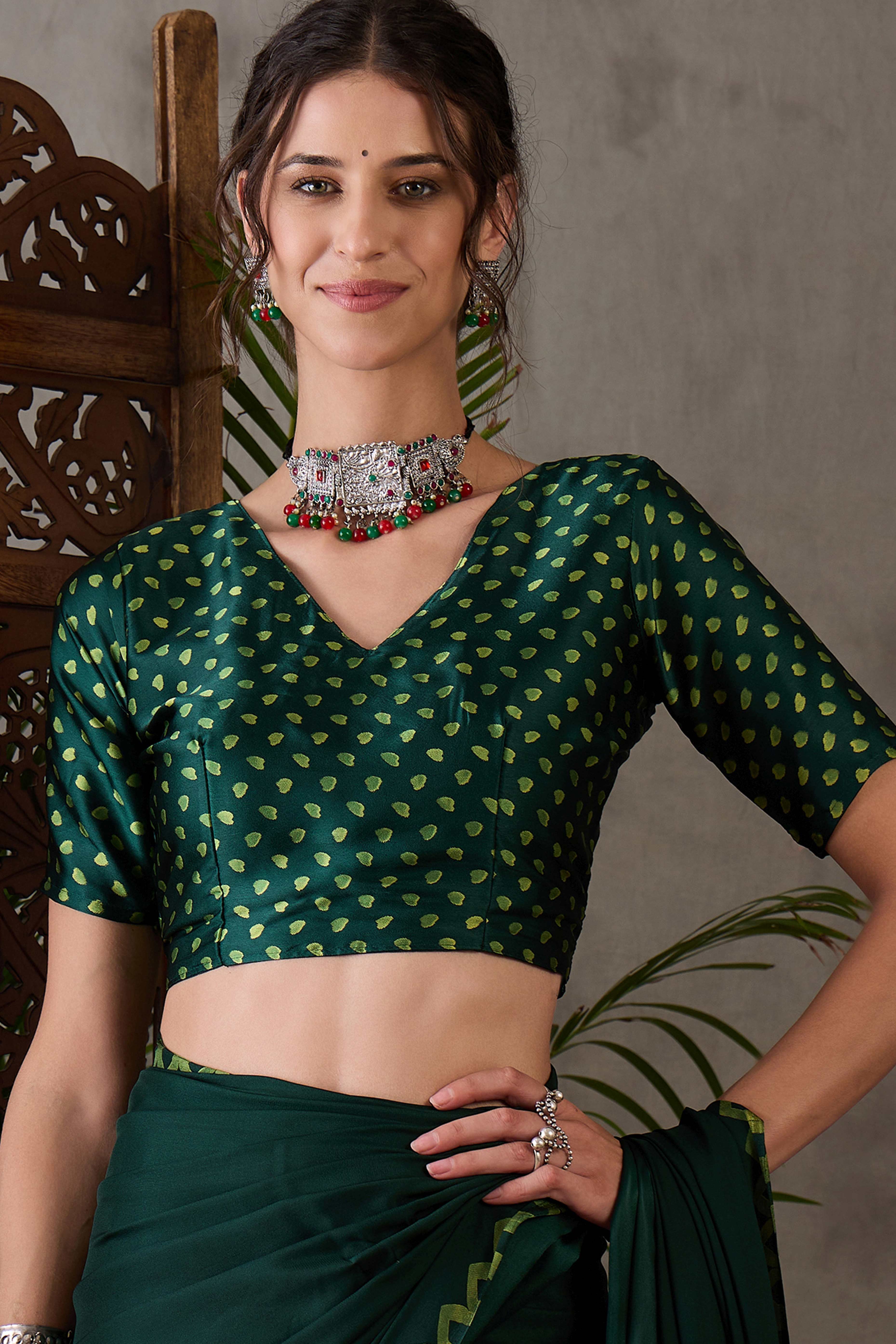 Green Free Style Printed Modal Satin Party Wear Saree with a Smooth Satin Drape