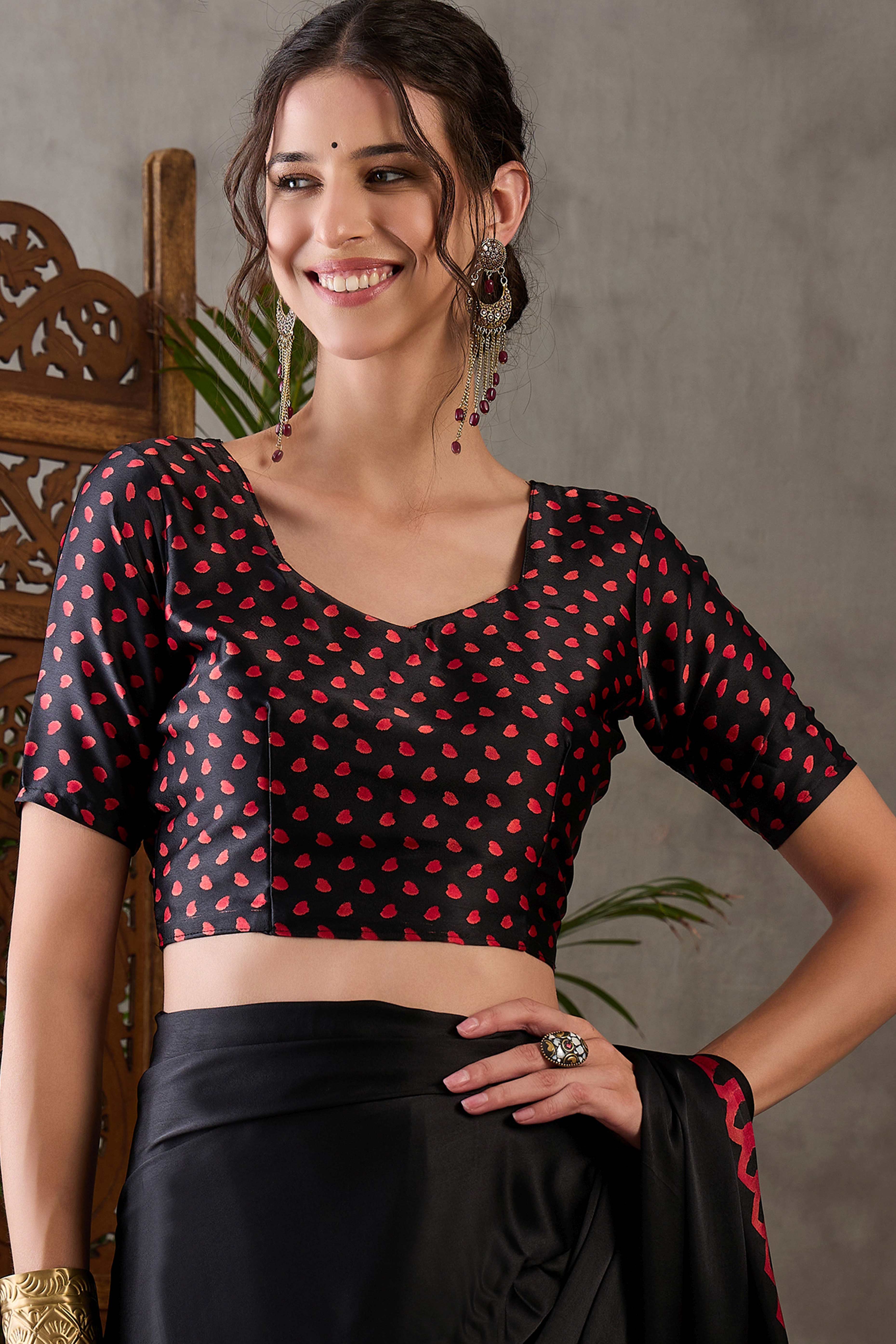 Black Free Style Printed Modal Satin Party Wear Saree with a Smooth Satin Drape