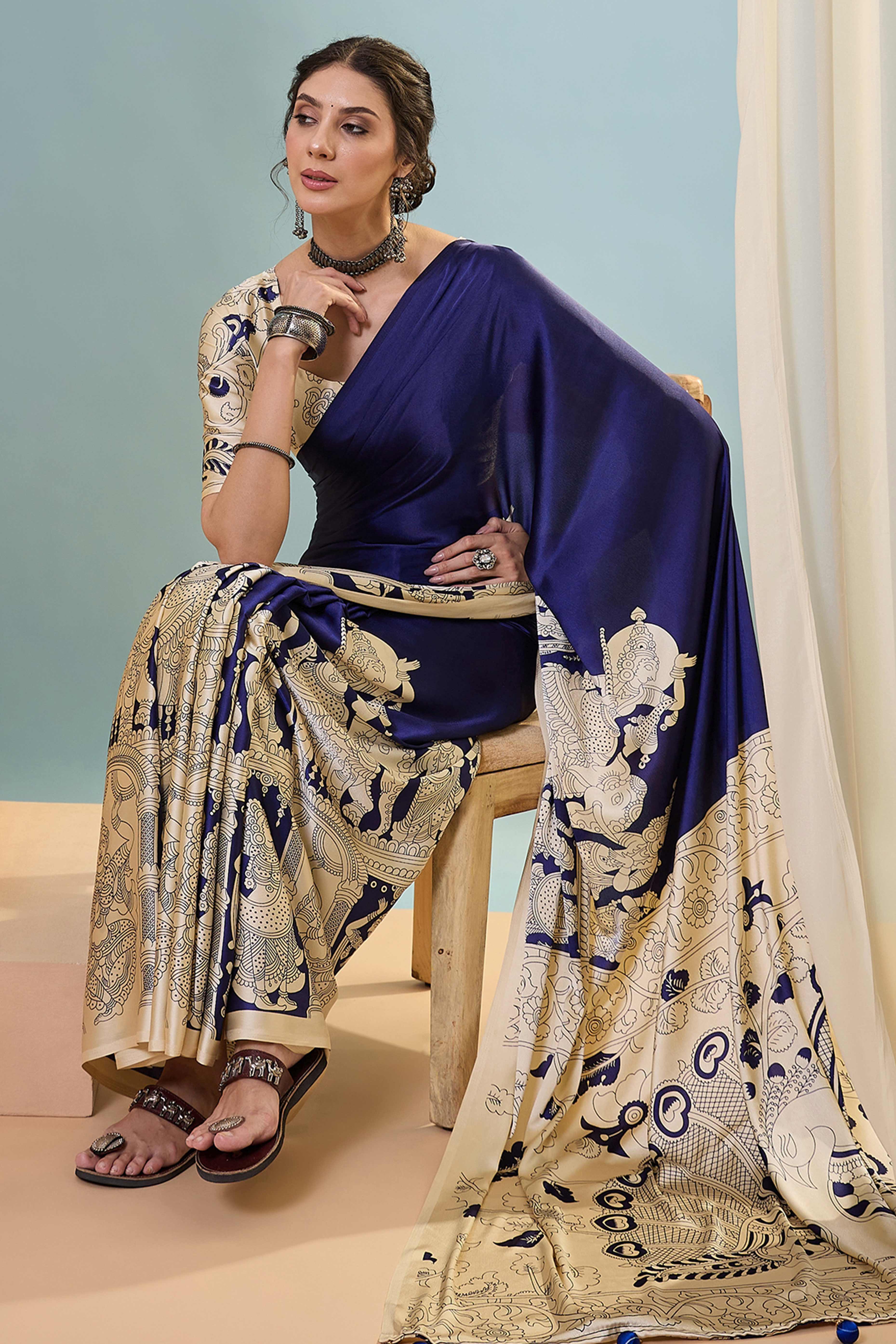 Blue Kalamkari Style Modal Satin Saree Featuring Intricate Artistic Prints