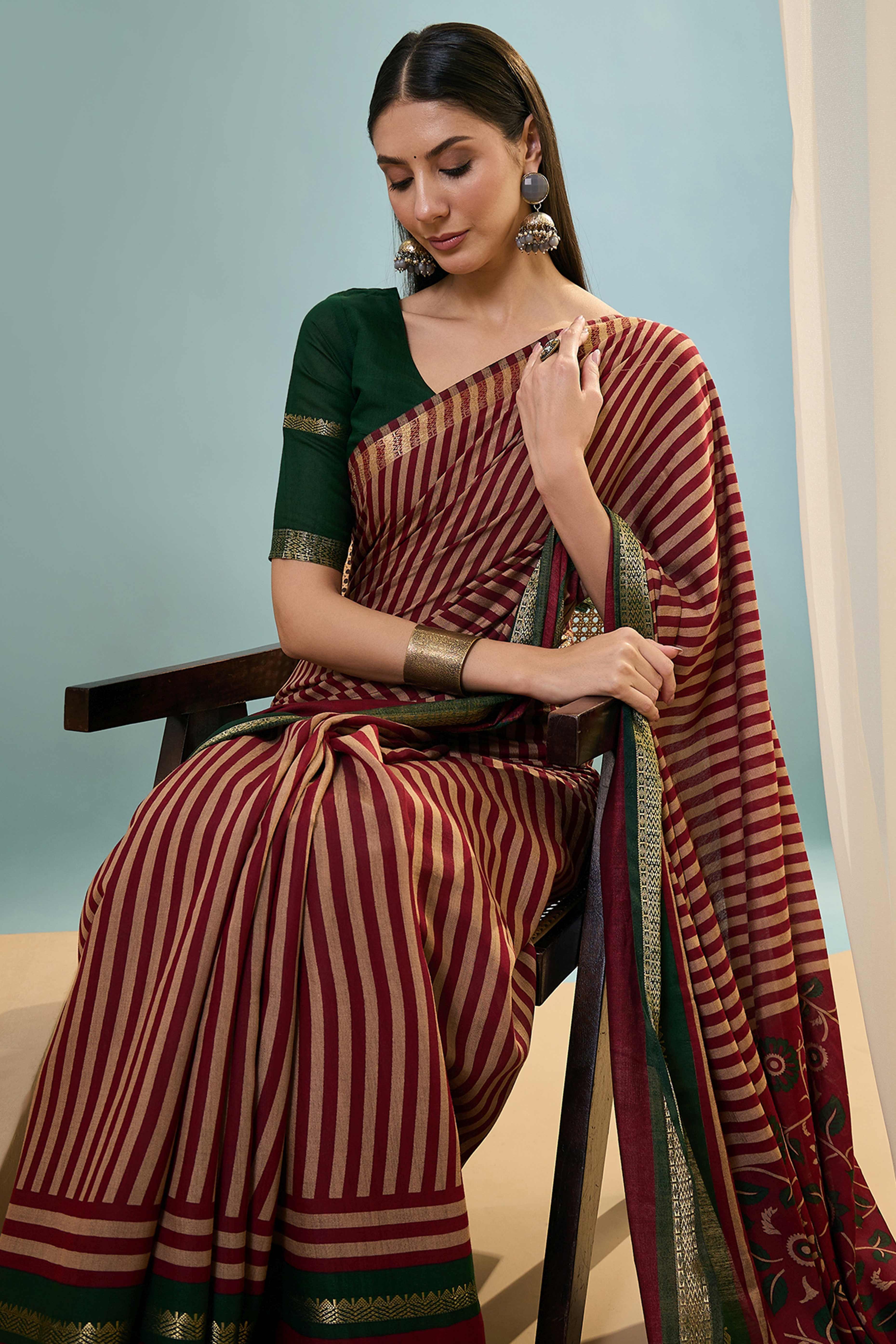 Maroon Striped Printed Viscose Saree with a Subtle Zari Finish