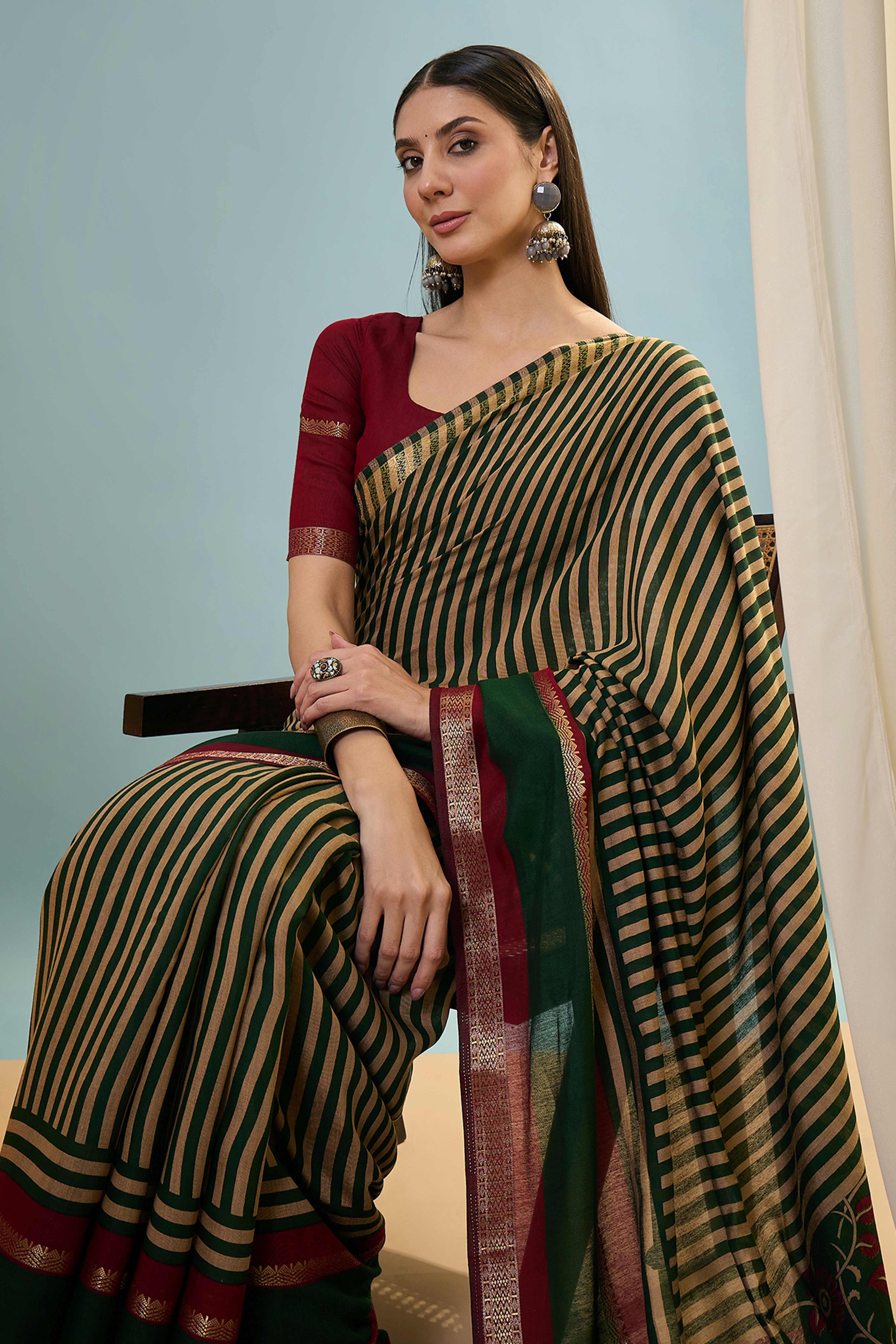 Green Striped Printed Viscose Saree with a Subtle Zari Finish