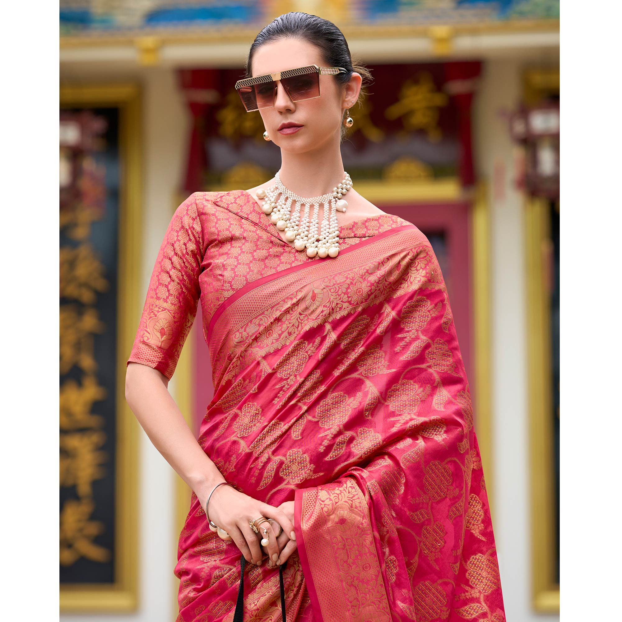 Pink Floral Motifs Woven Organza Saree