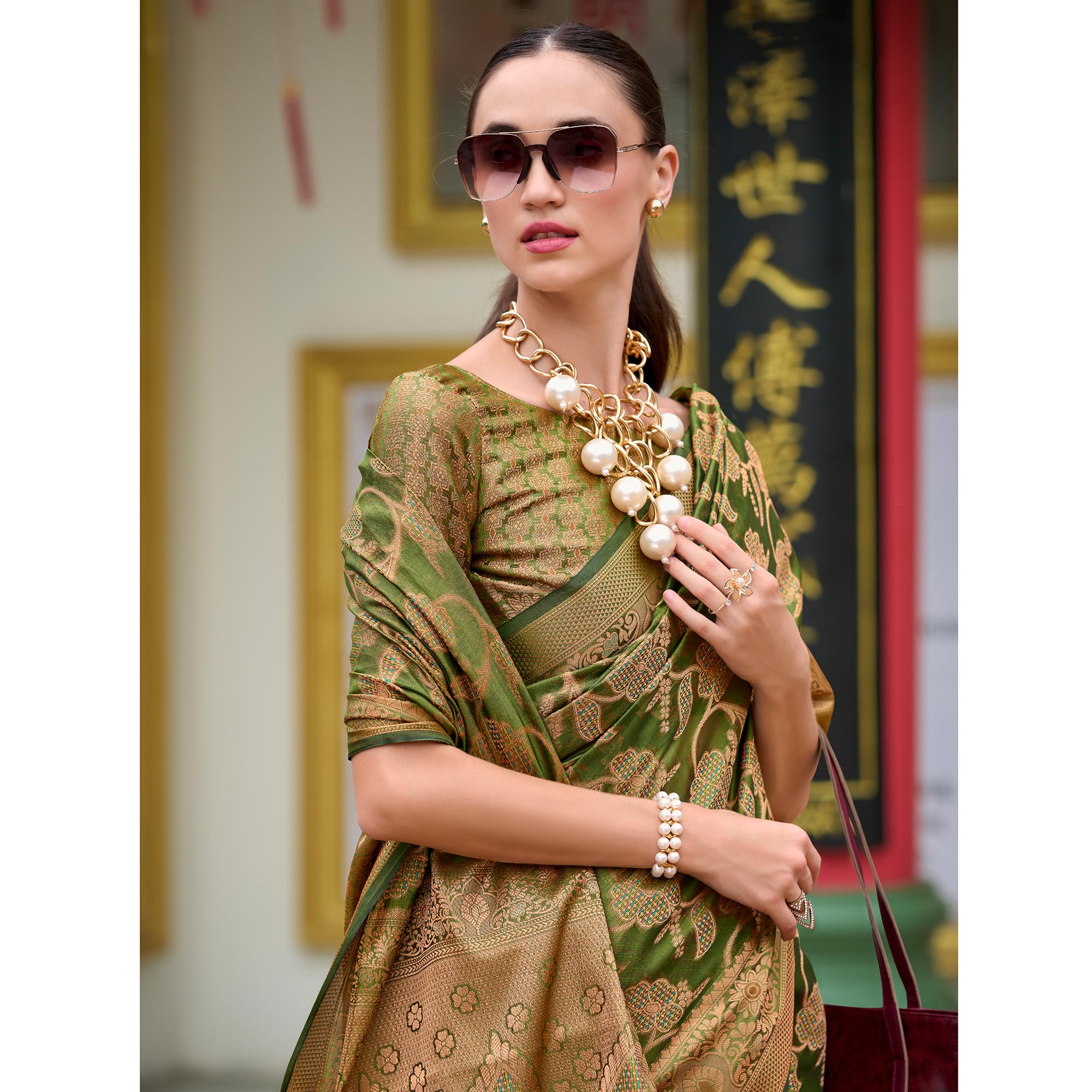 Mehandi Green Floral Motifs Woven Organza Saree