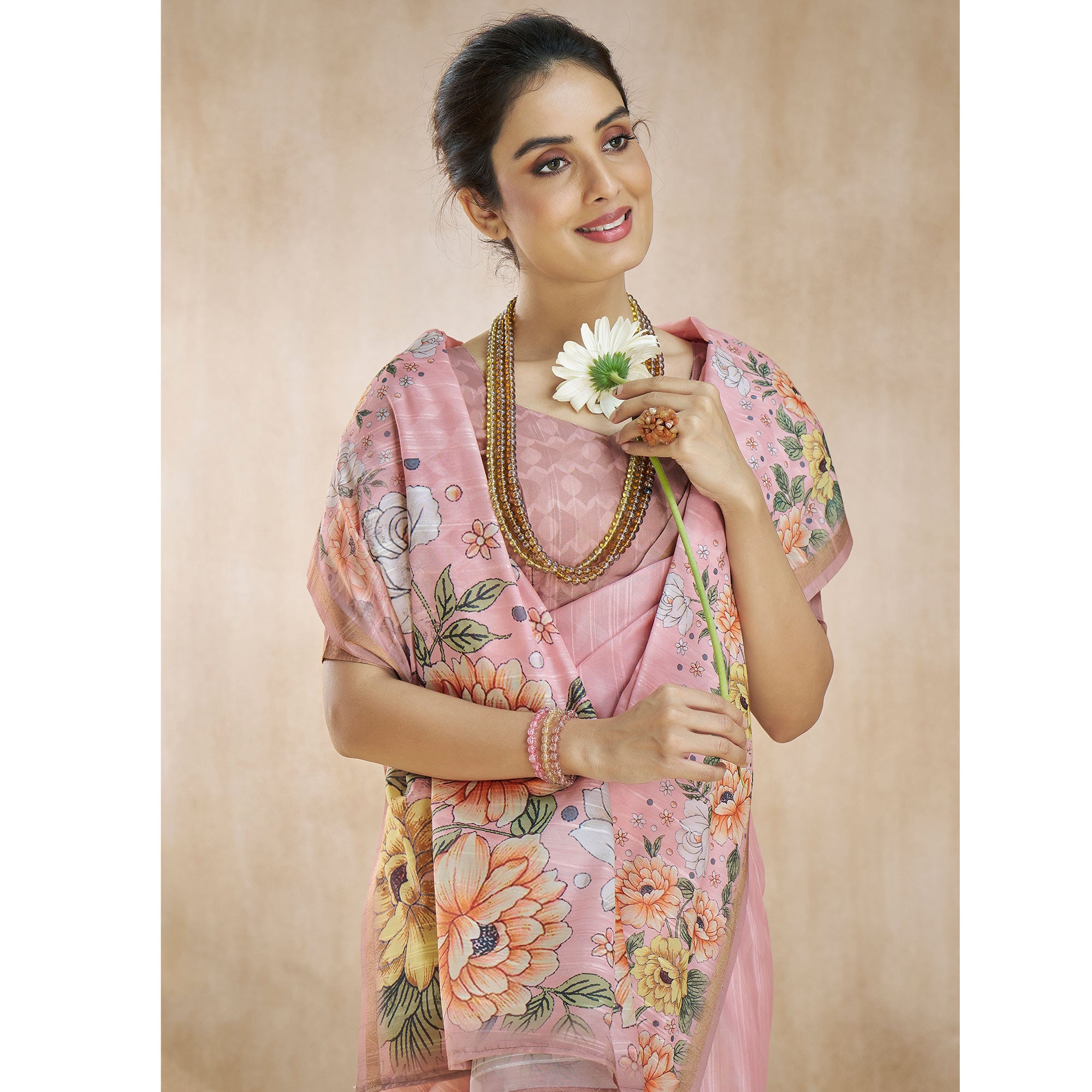 Pink Floral Digital Printed Pure Silk Saree