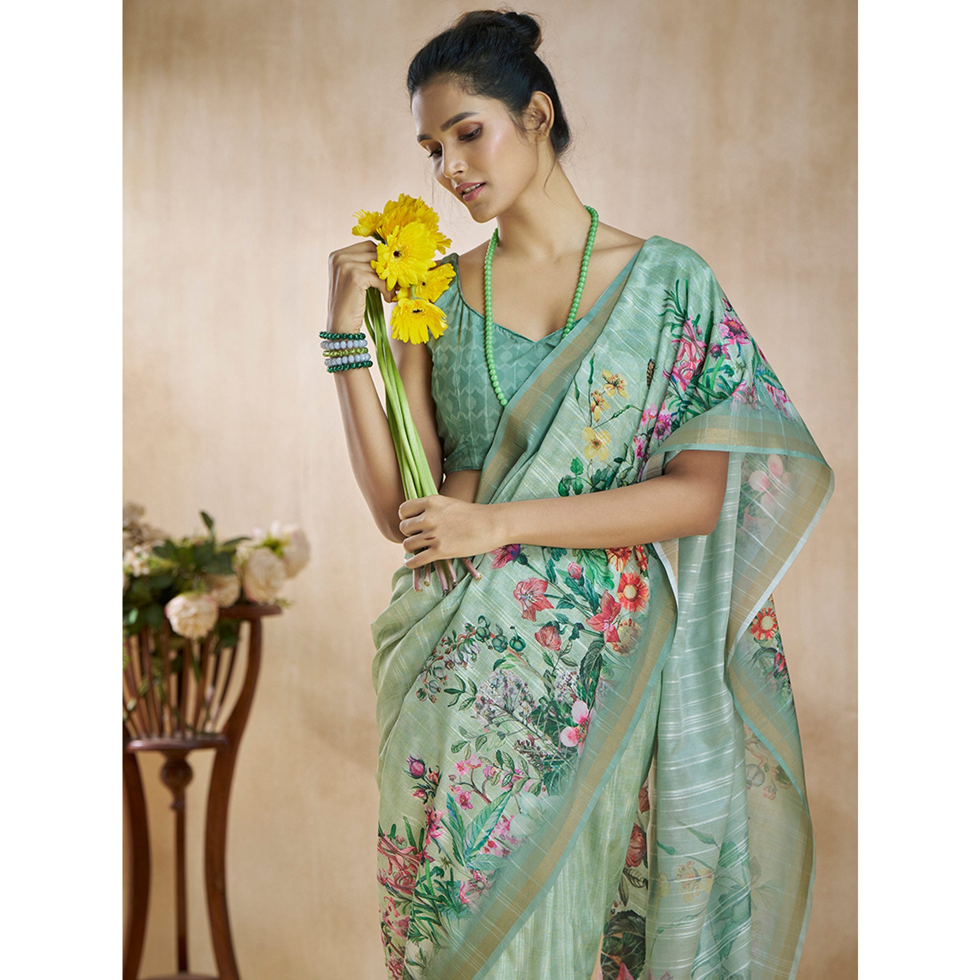 Sea Green Floral Digital Printed Pure Silk Saree