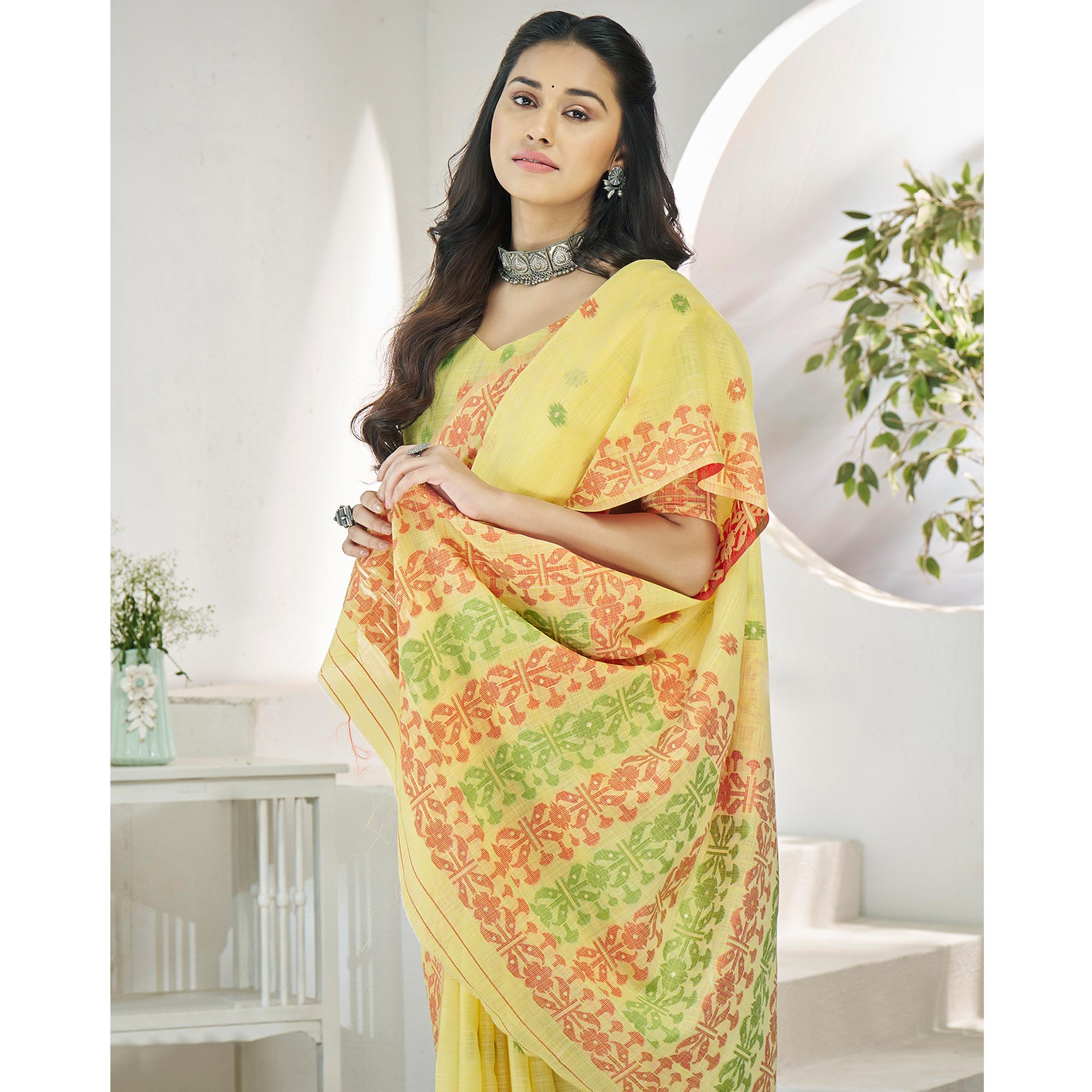 Yellow Floral Woven Cotton Silk Saree