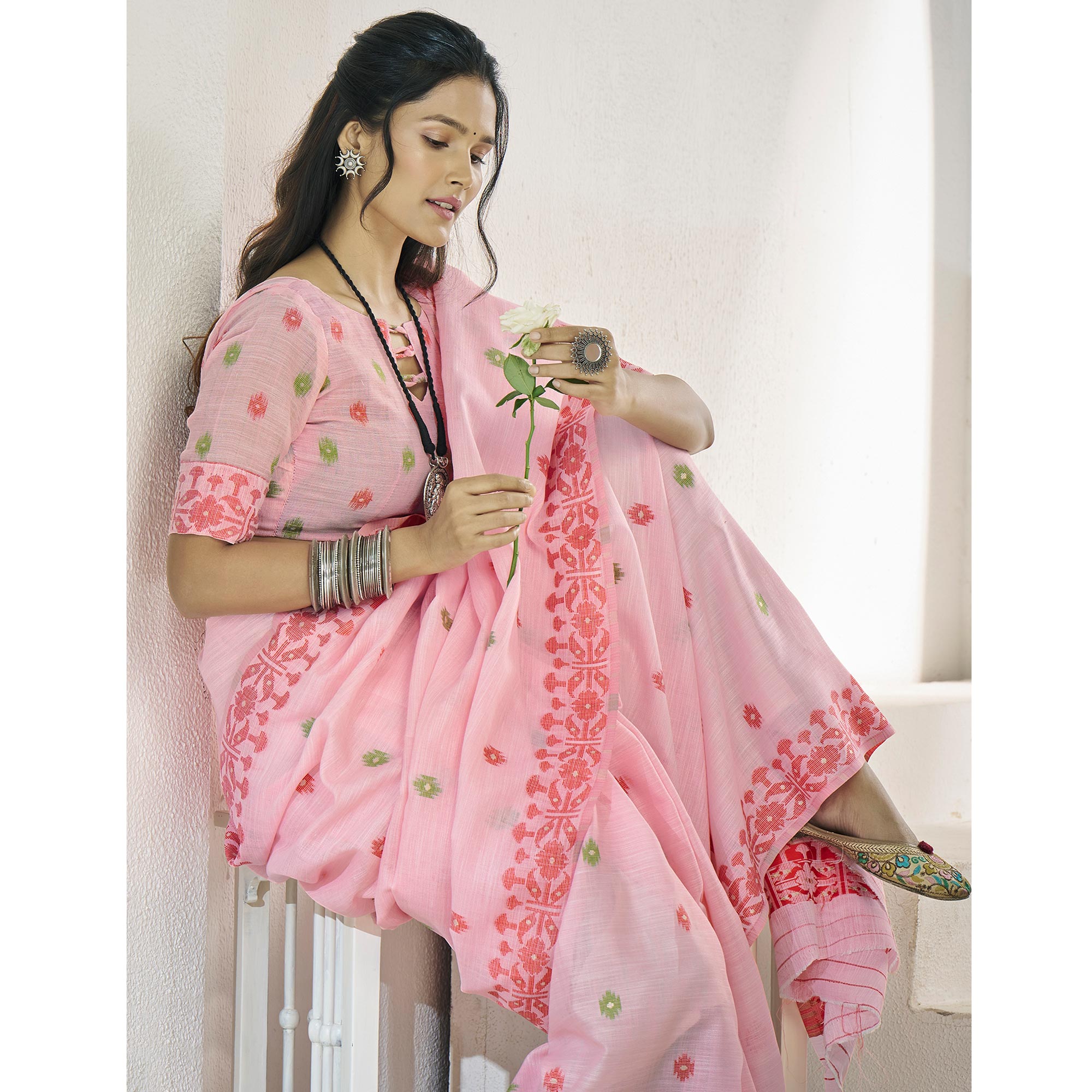 Pink Floral Woven Cotton Silk Saree