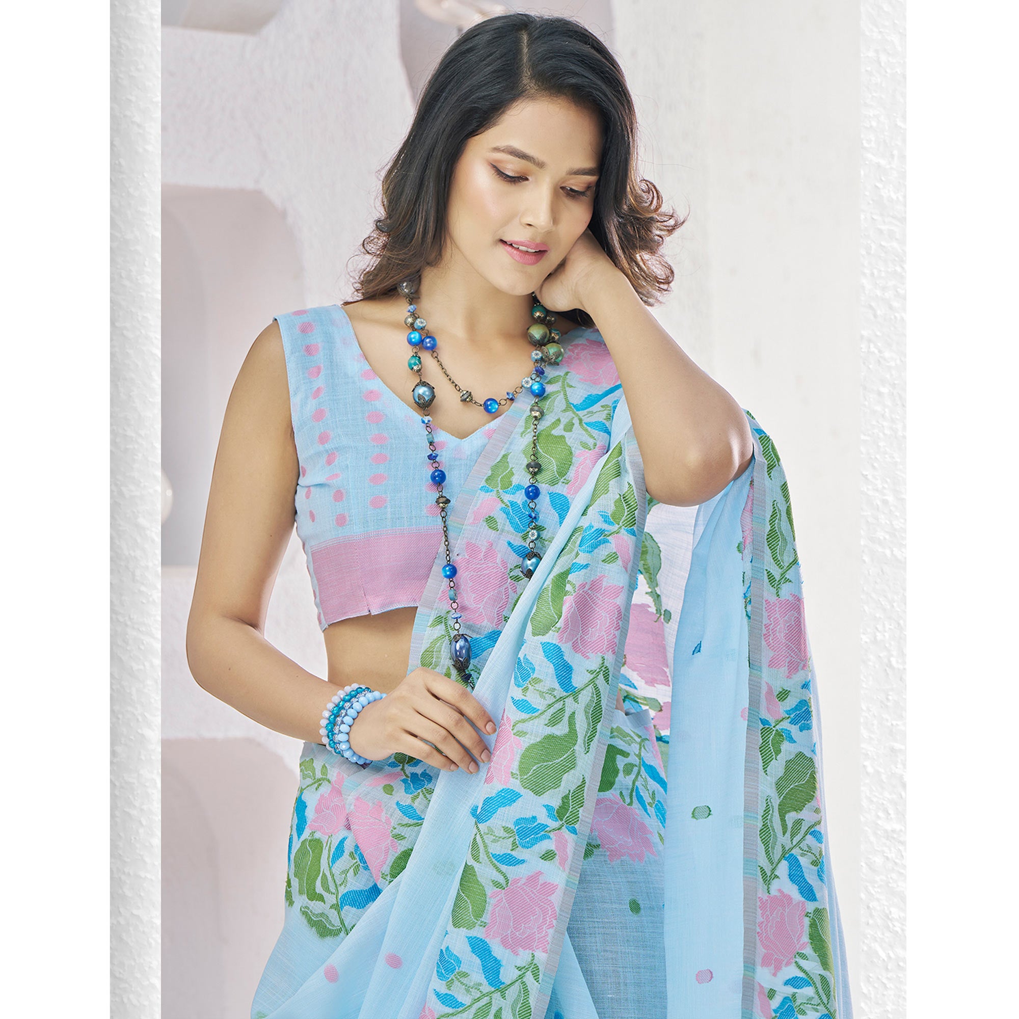 Blue Floral Woven Cotton Silk Saree