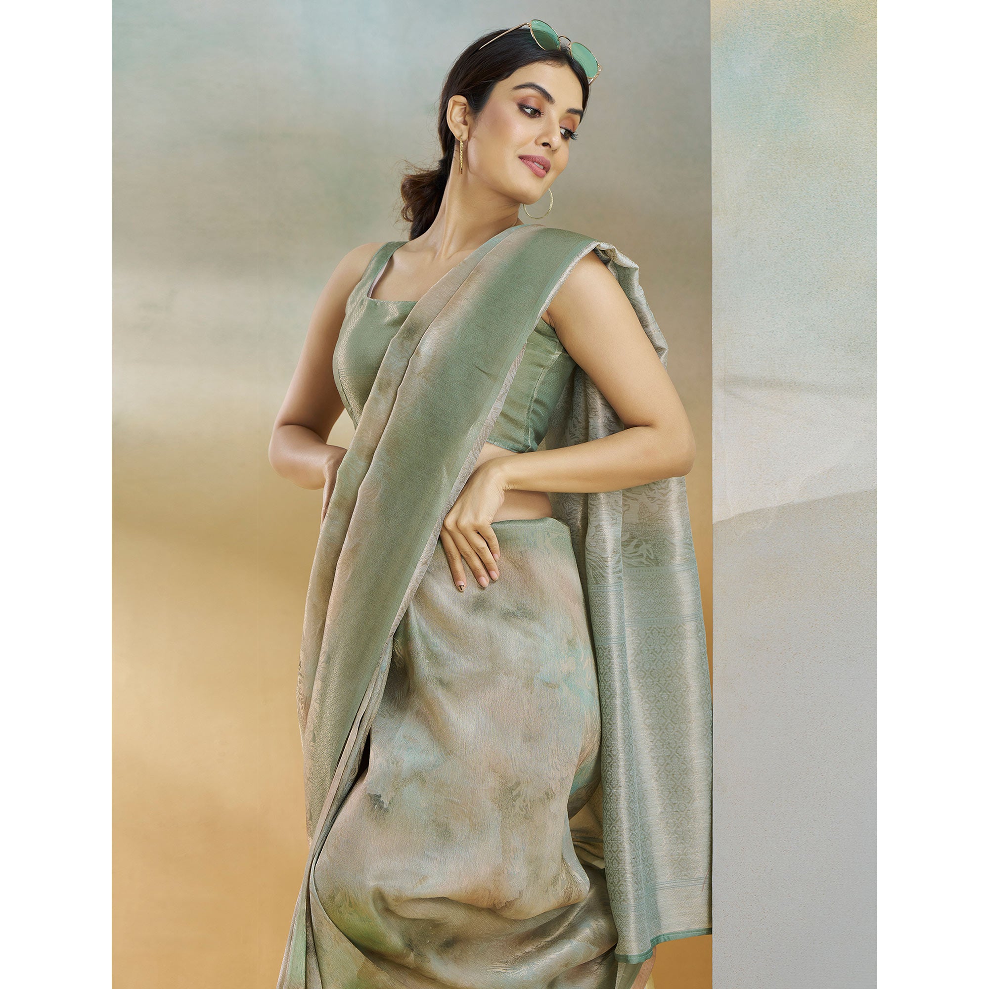 Green Woven With Digital Printed Linen Saree