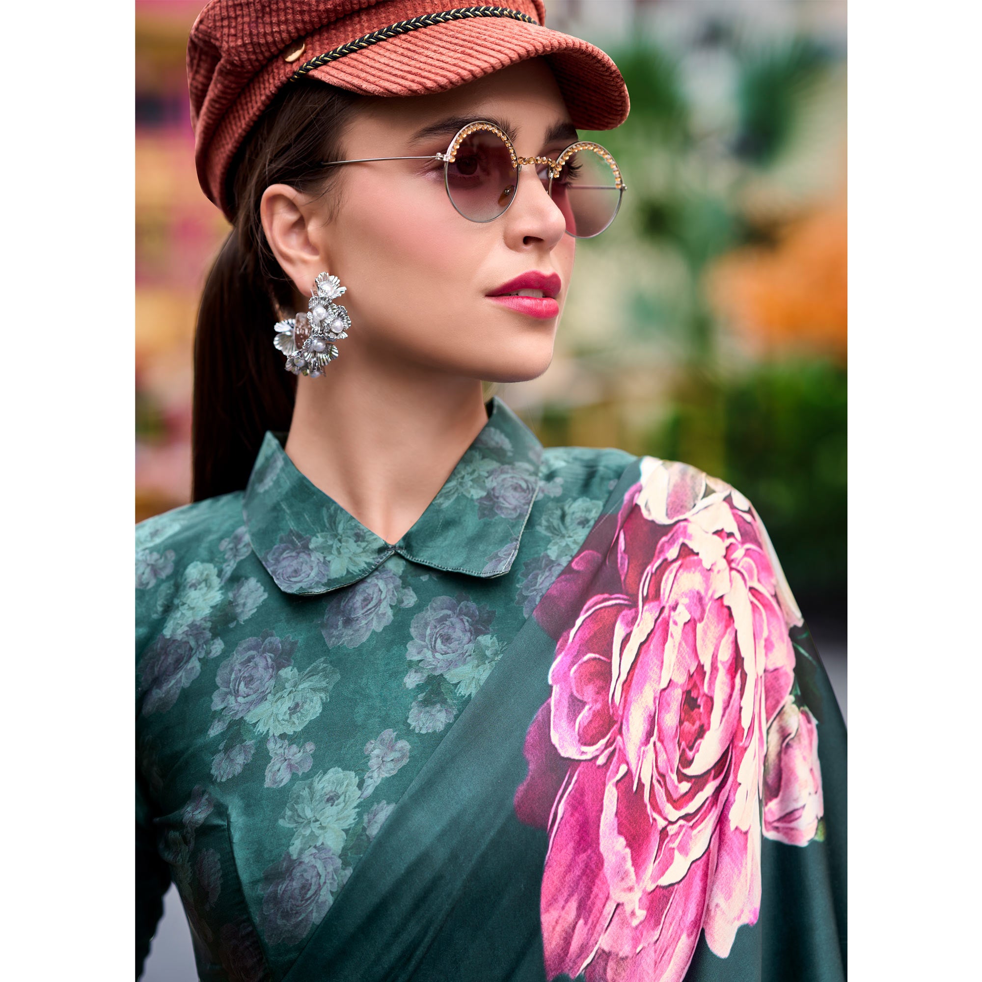 Bottle Green Digital Printed Pure Satin Saree