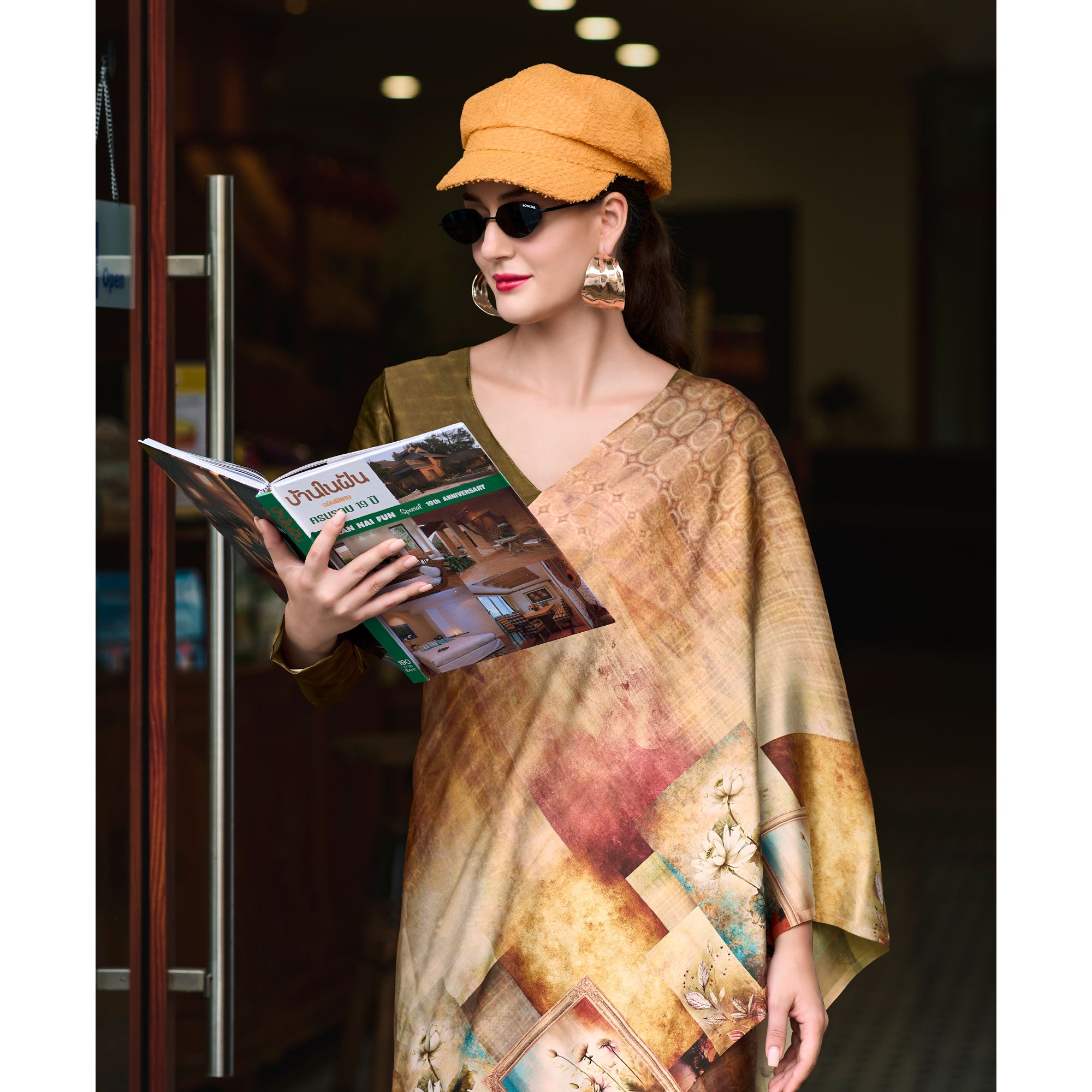 Chikoo Digital Printed Pure Satin Saree