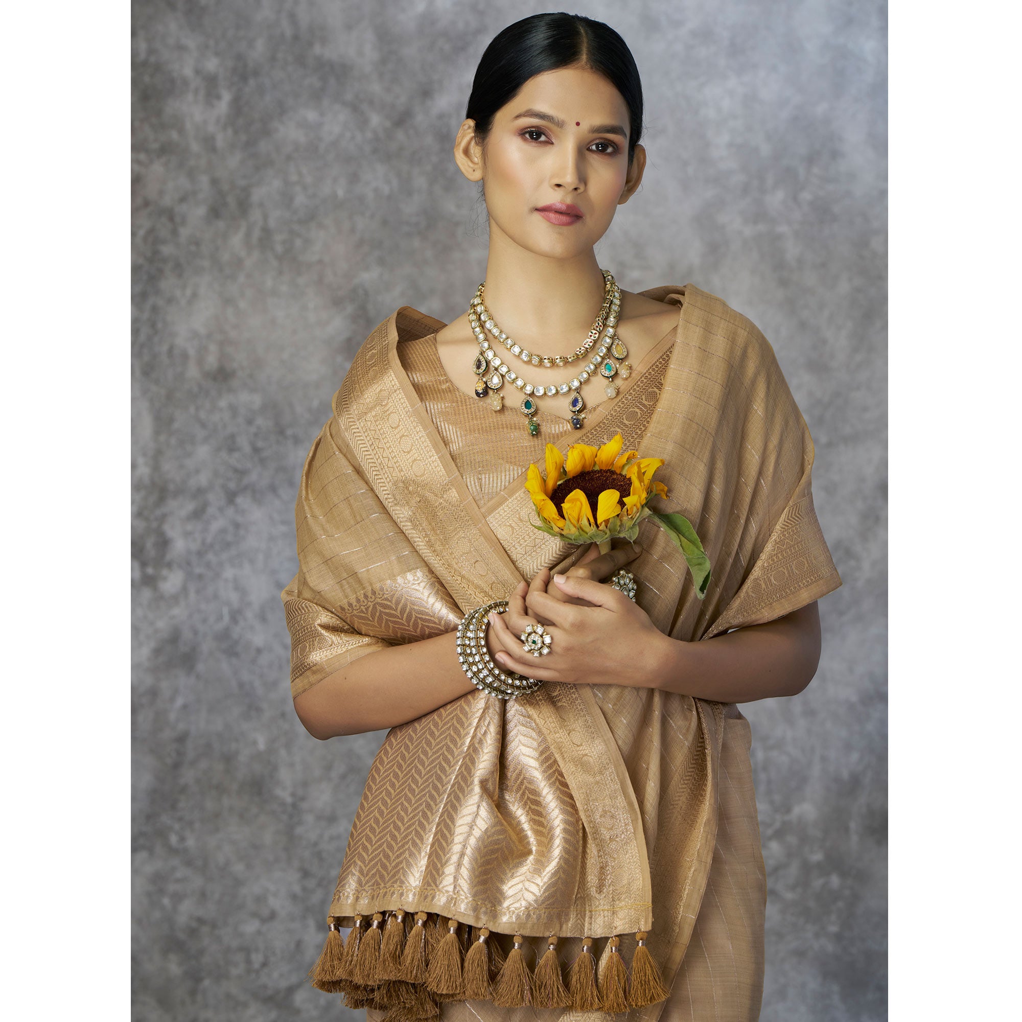 Chikoo Woven Cotton Silk Saree With Tassels