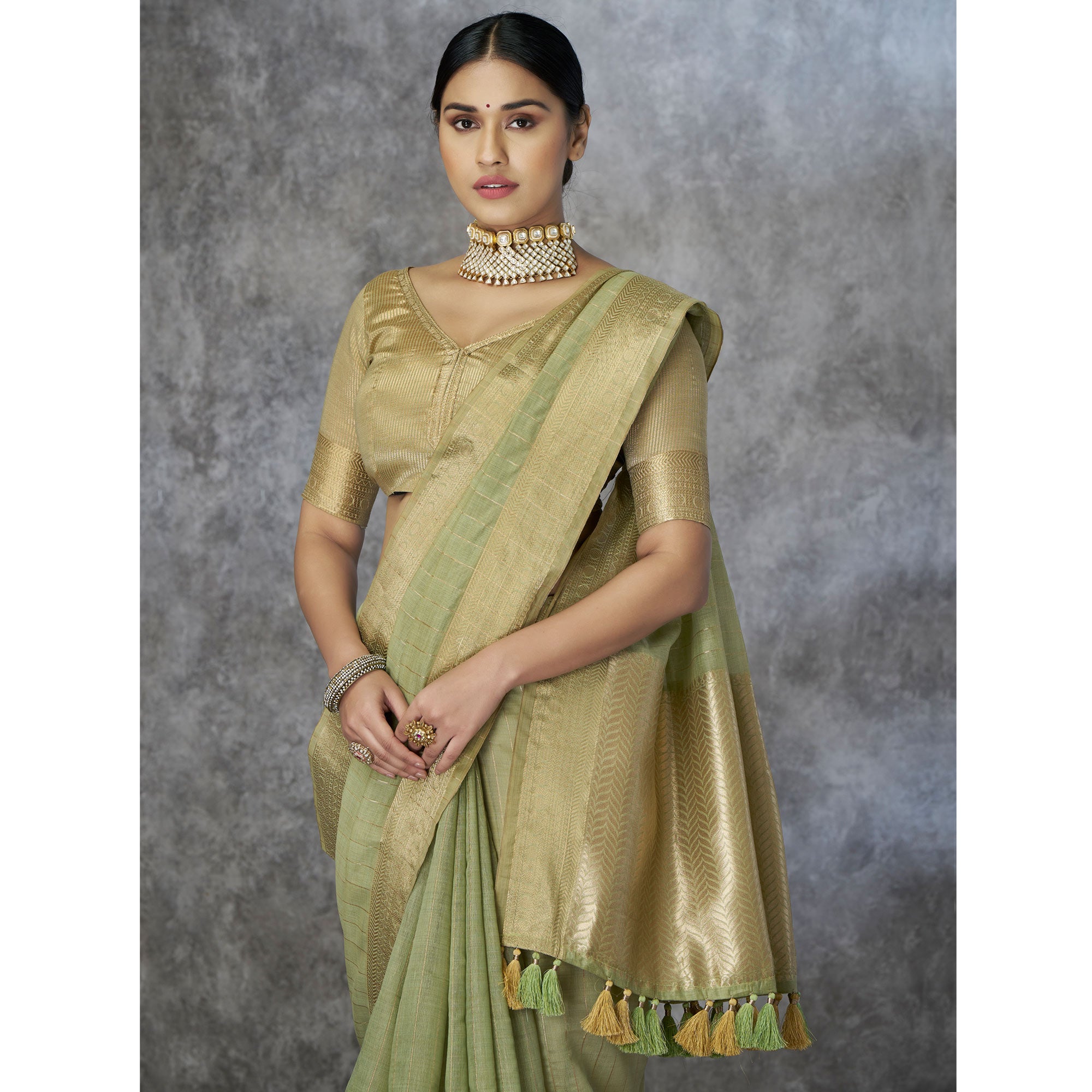 Green Woven Cotton Silk Saree With Tassels