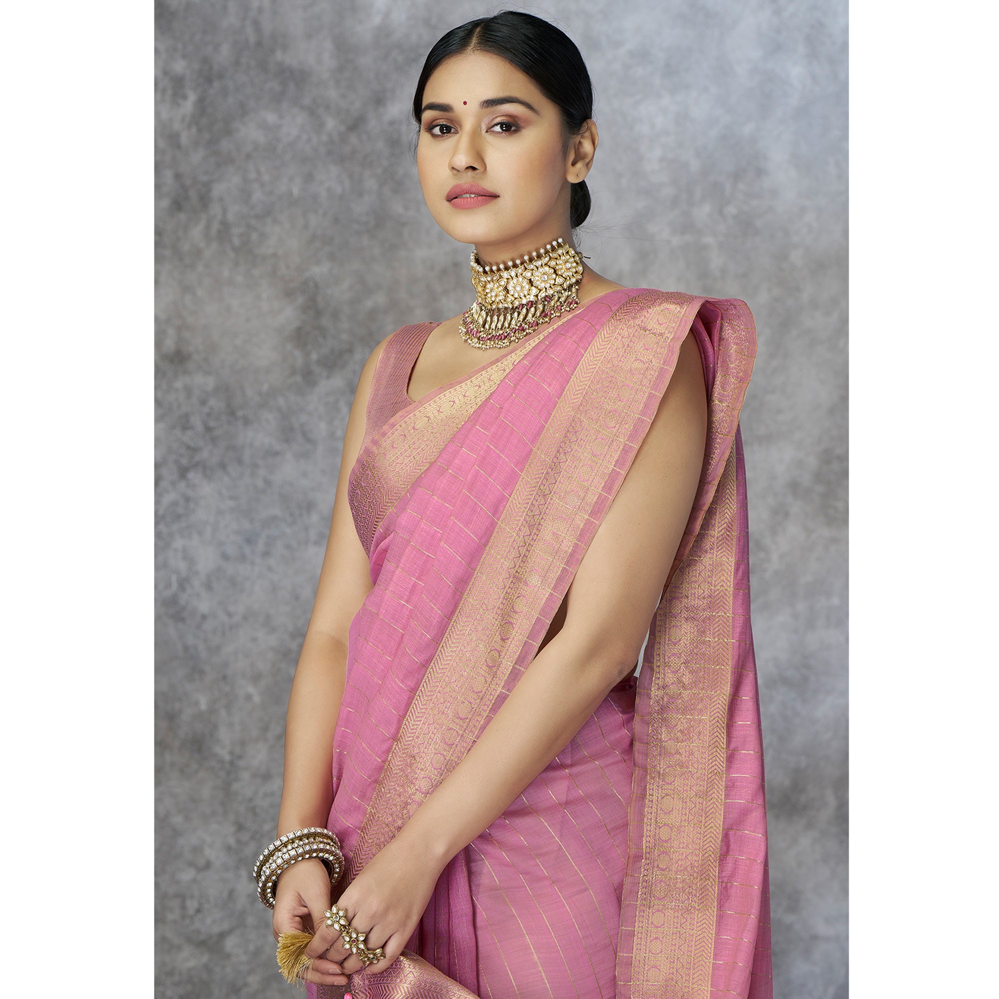 Pink Woven Cotton Silk Saree With Tassels
