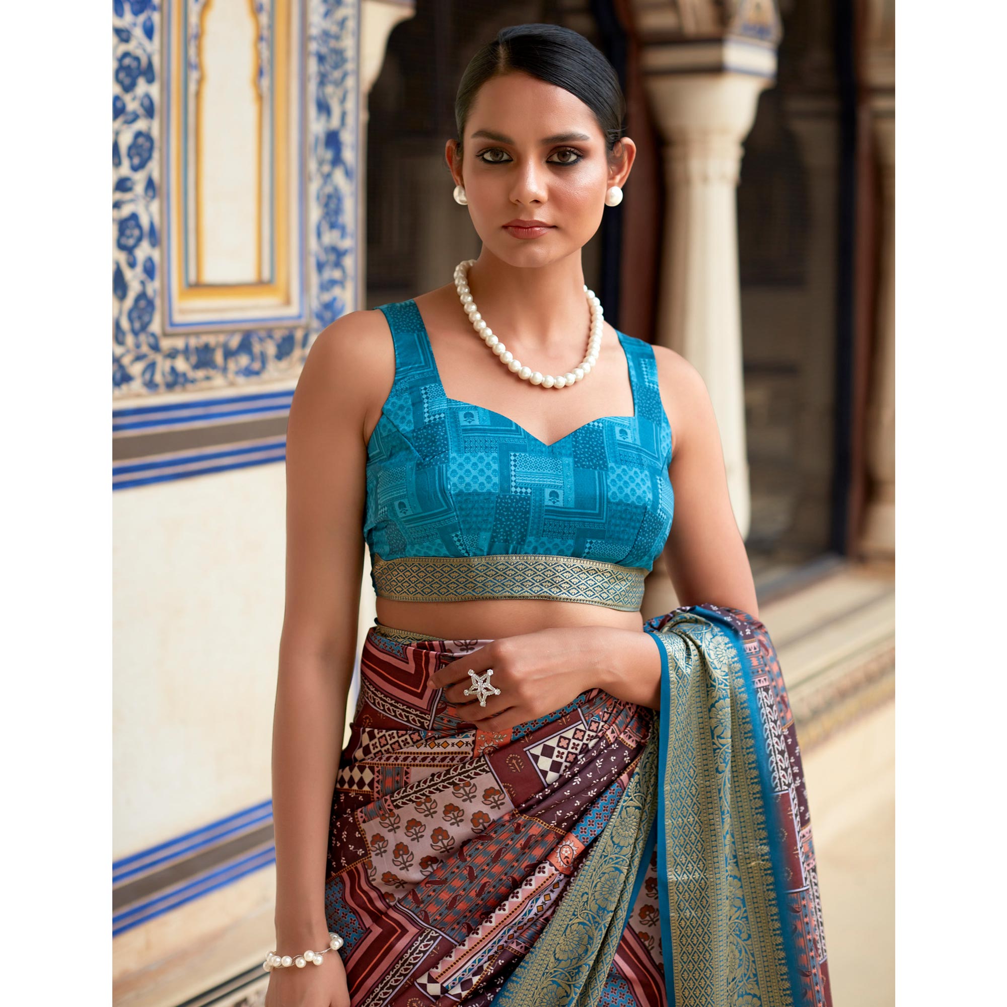Brown & Blue Printed Dola Silk Saree