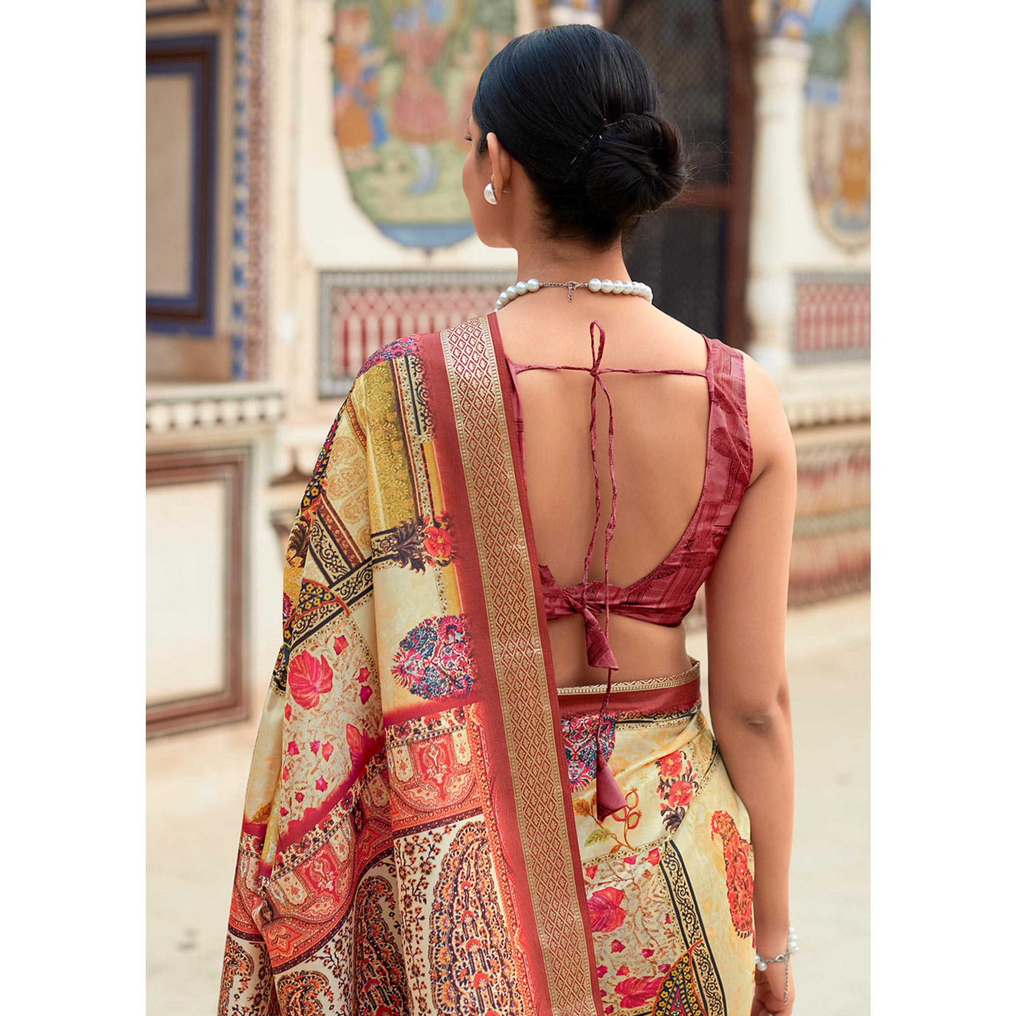 Yellow & Red Printed Dola Silk Saree