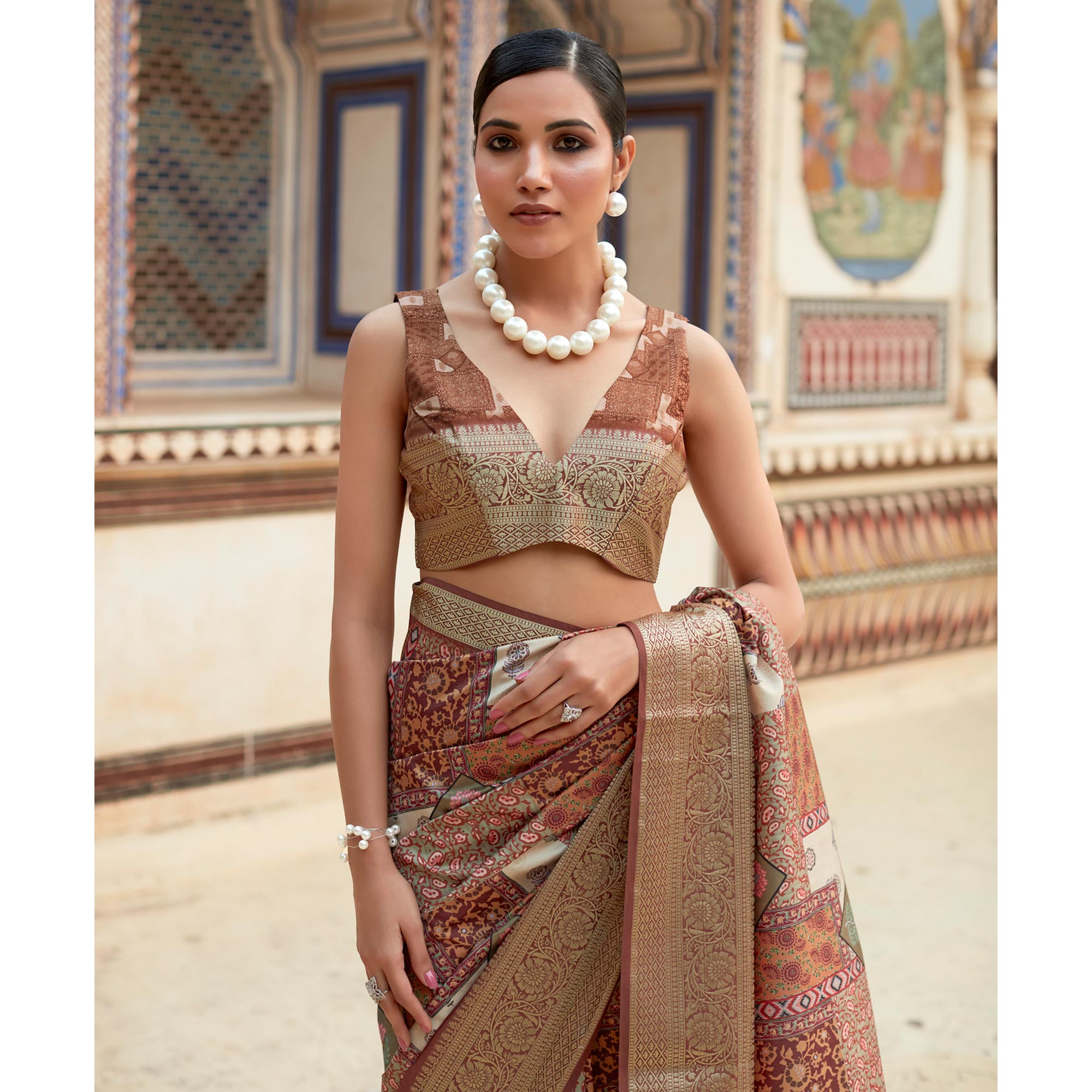 Brown Printed Dola Silk Saree