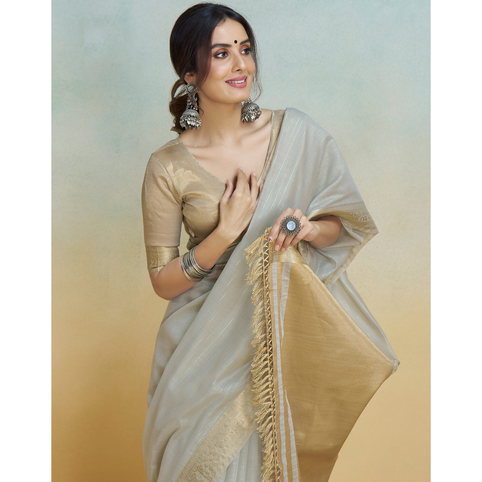 Light Grey Woven Cotton Silk Saree With Tassels