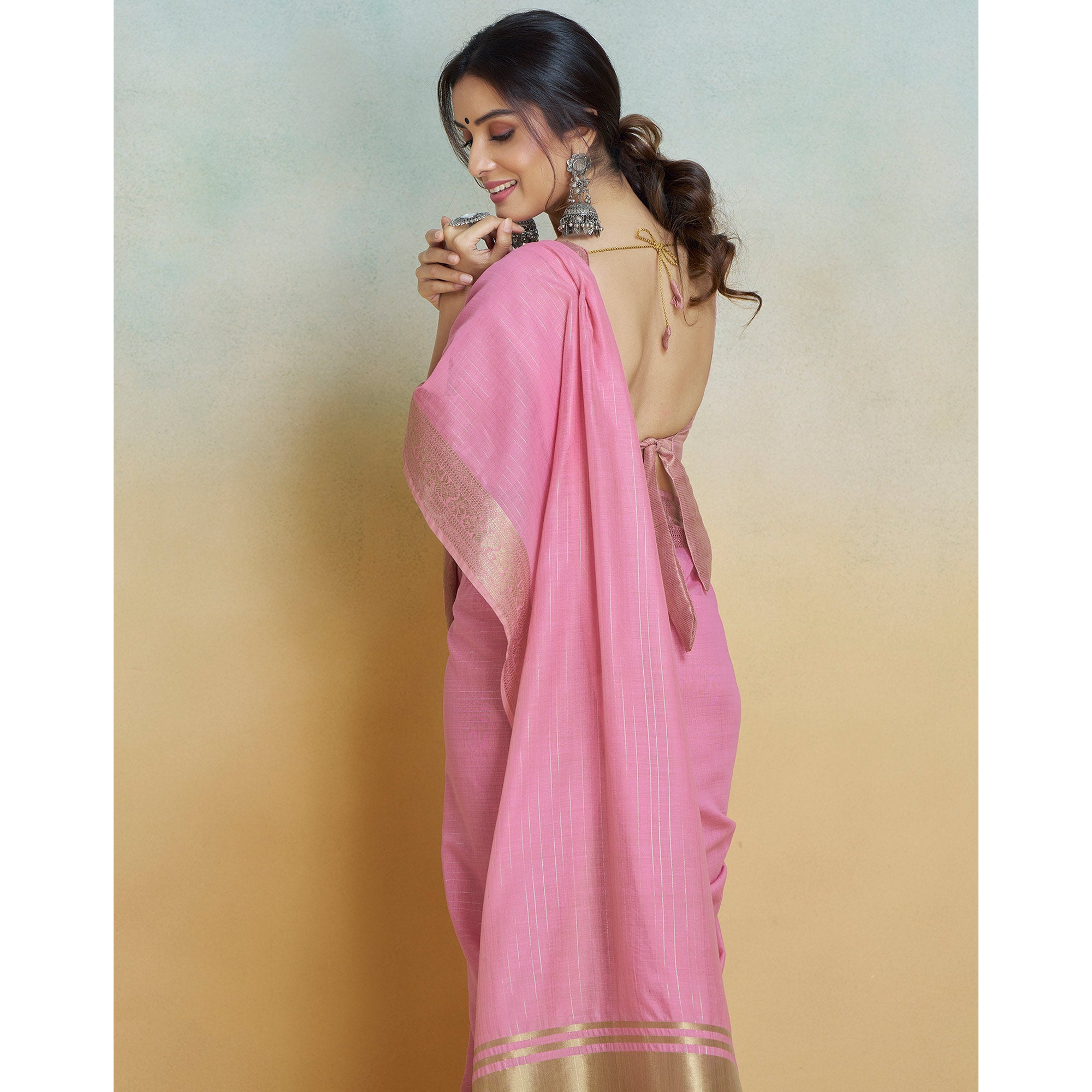 Pink Woven Cotton Silk Saree With Tassels