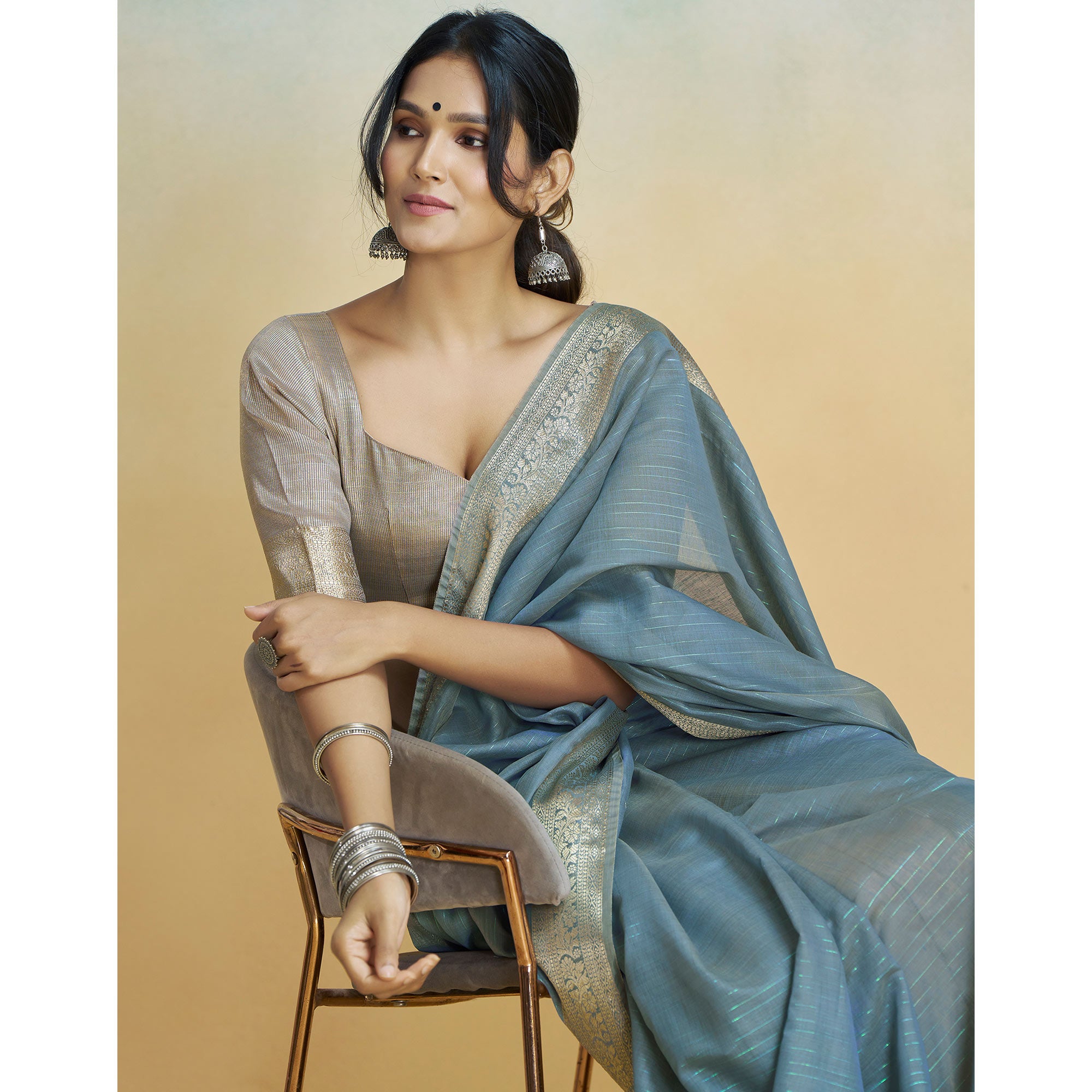 Grey Woven Cotton Silk Saree With Tassels