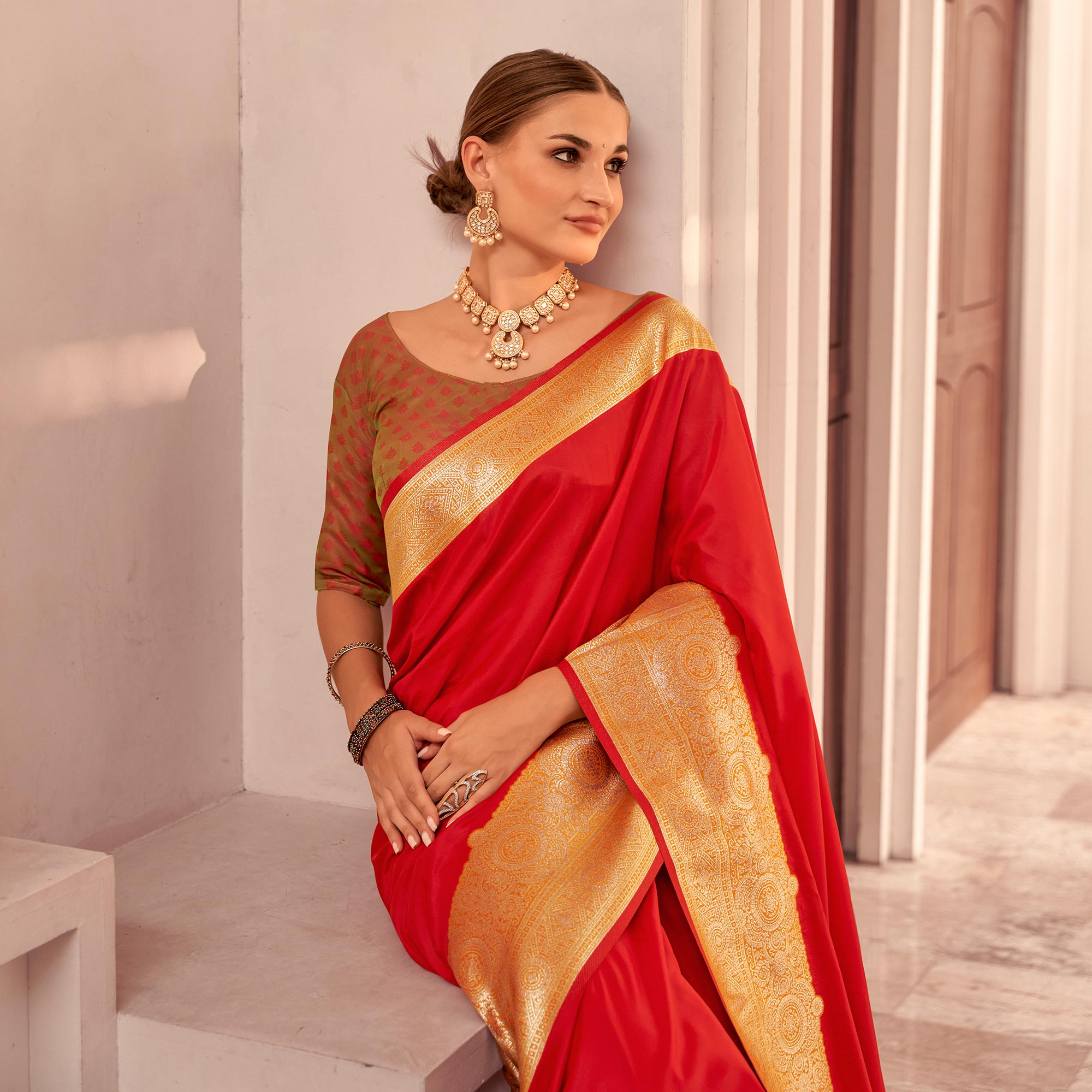 Red Floral Woven Banarasi Silk Saree With Tassels