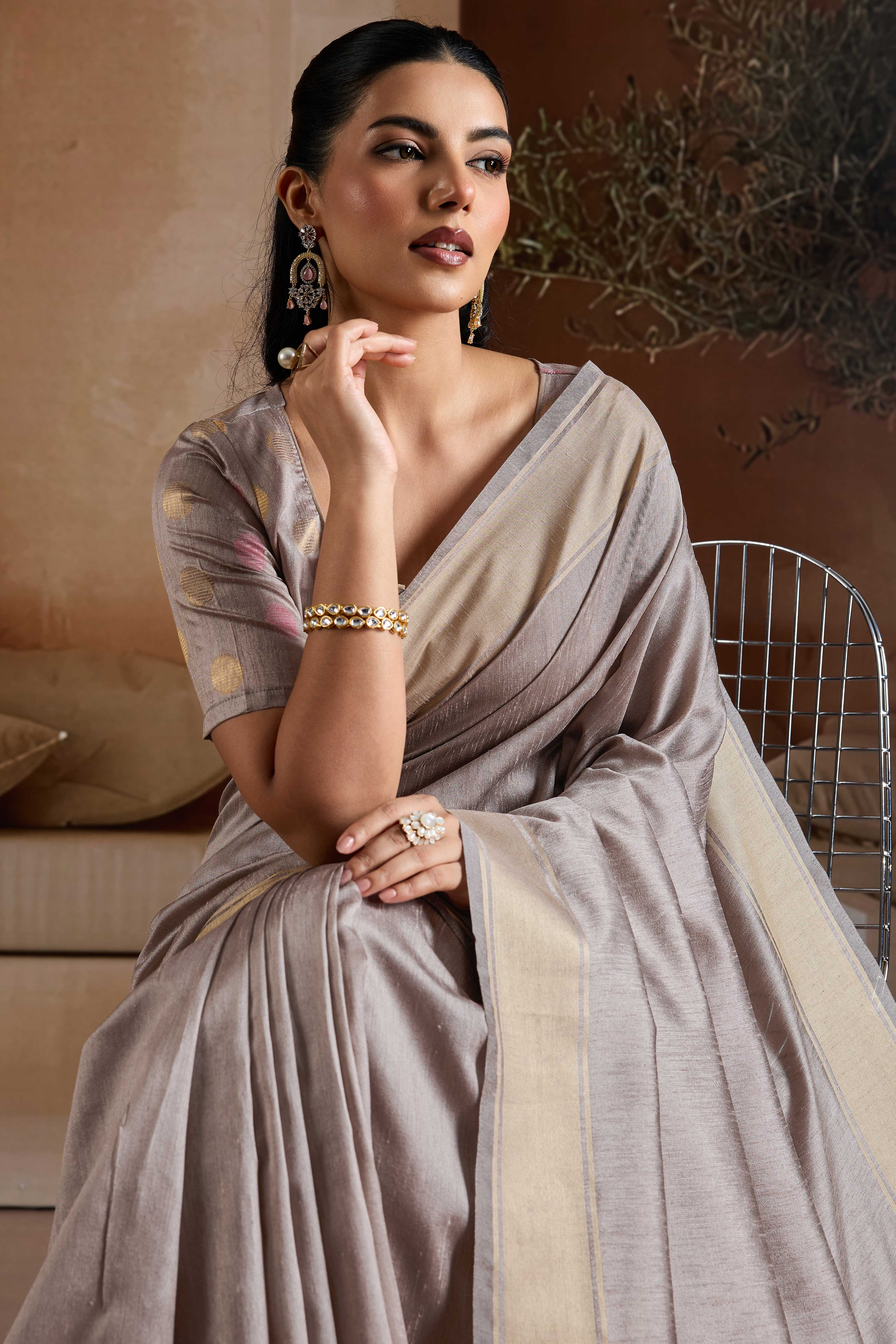 Graceful Grey Zari Woven Bhagalpuri Silk Saree Accented With Tassel Pallu