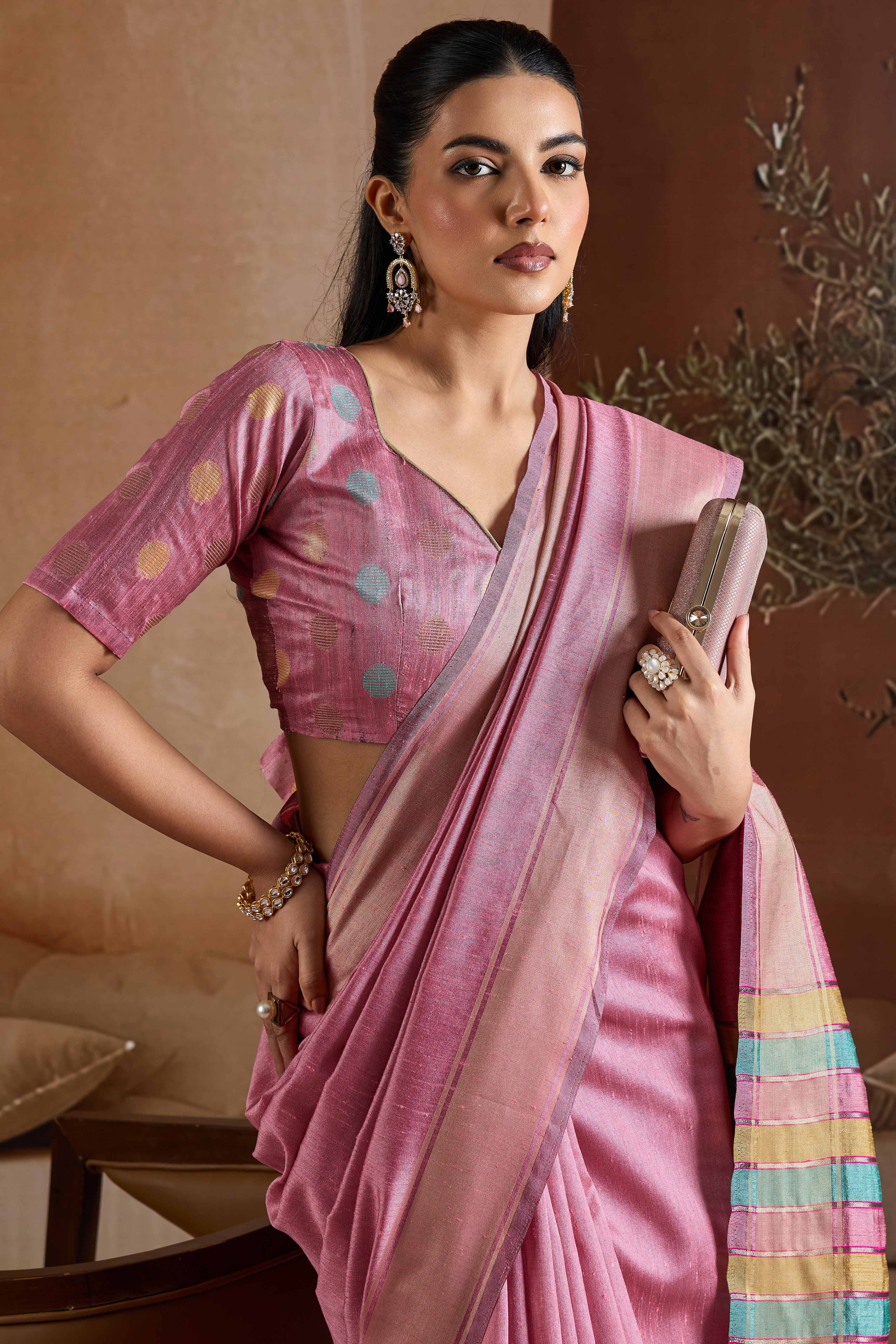 Graceful Pink Zari Woven Bhagalpuri Silk Saree Accented With Tassel Pallu