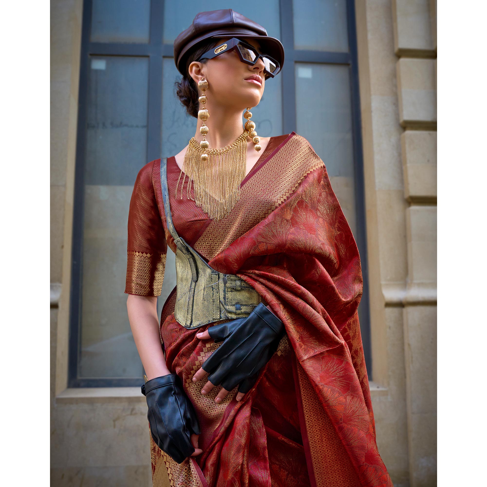 Rust Zari Woven Organza Saree Tassels