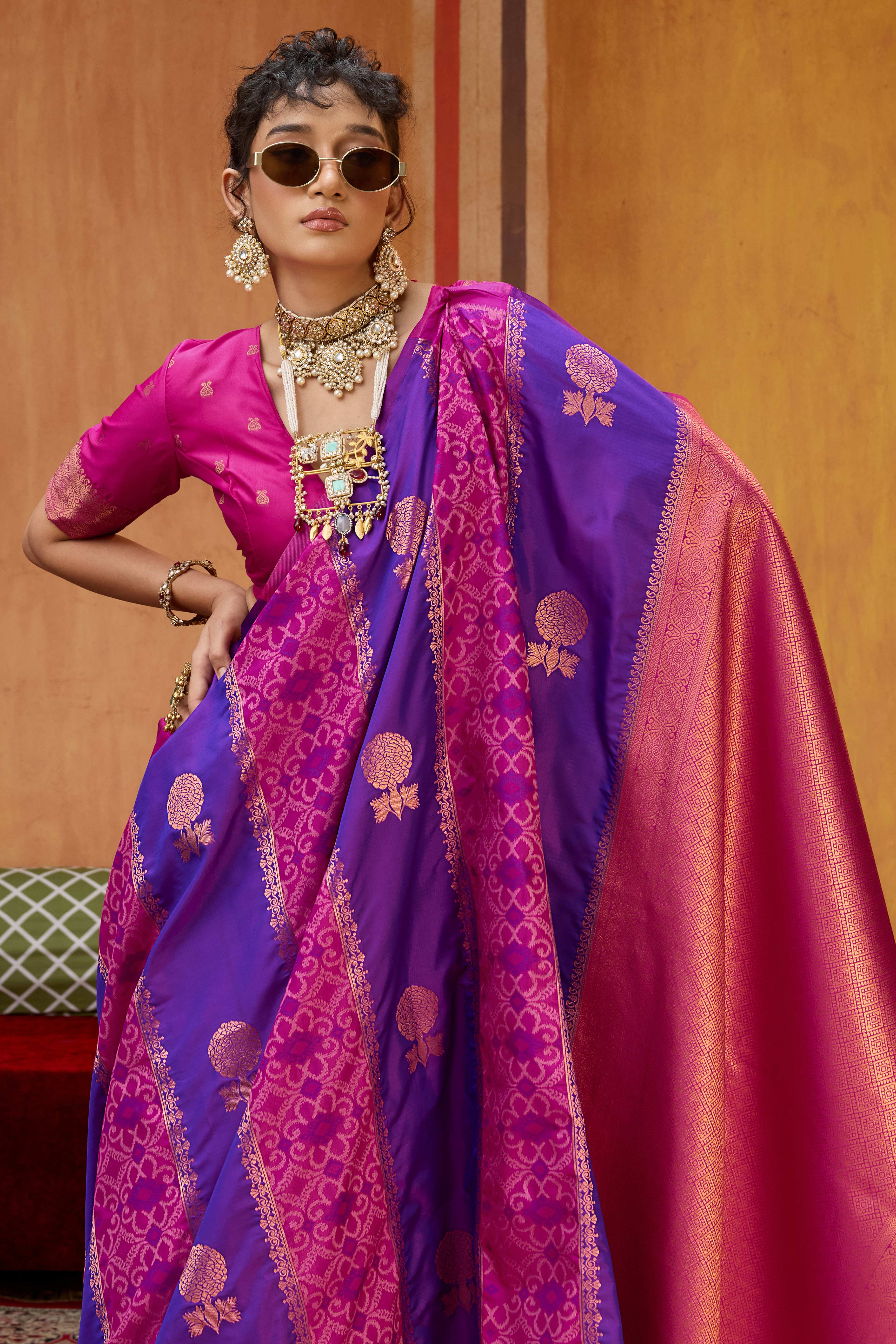 Classic Royal Purple Floral Handloom Weaving Art Silk Saree With Statement Tassel Pallu