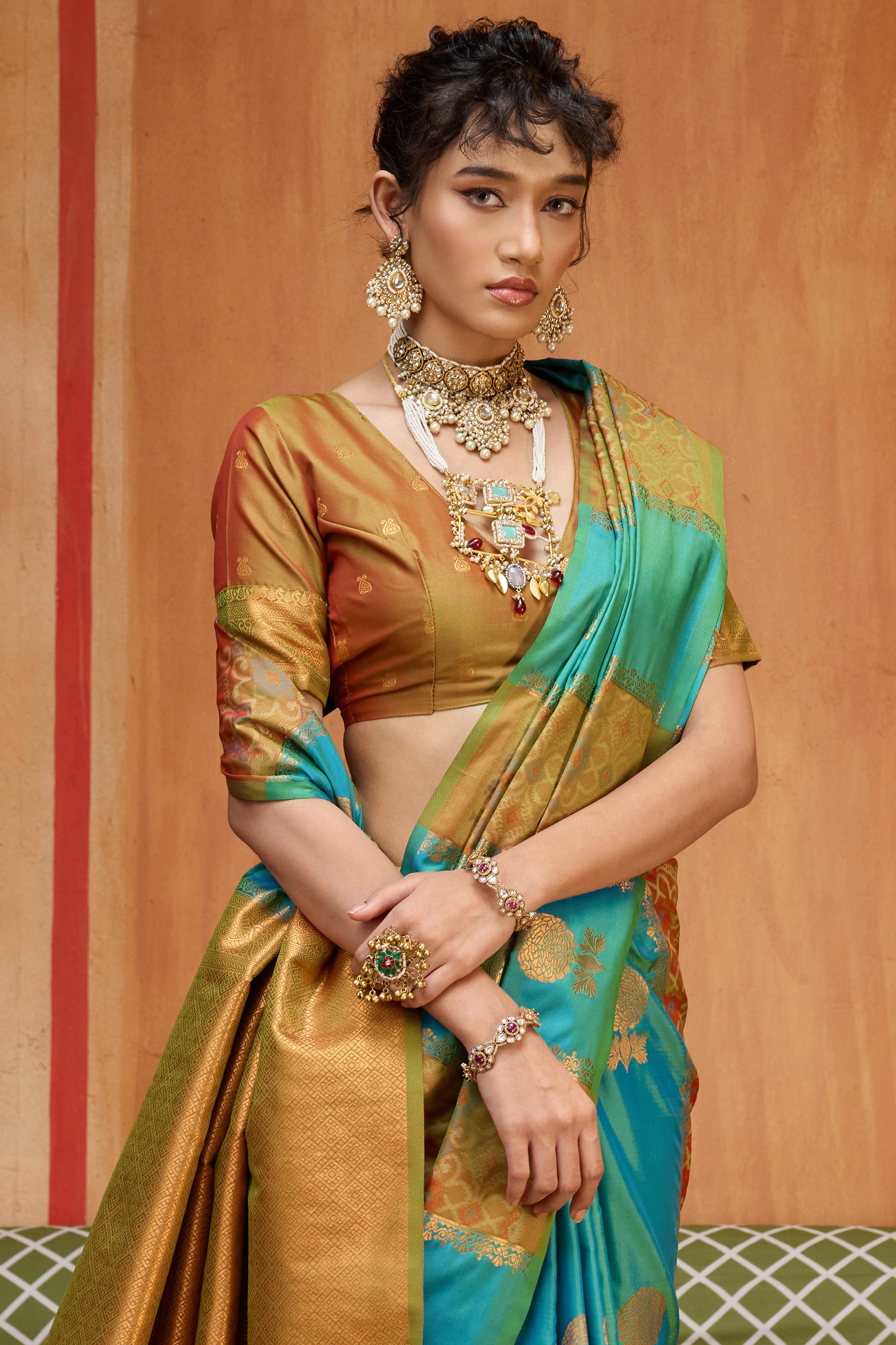 Classic Rama Blue Floral Handloom Weaving Art Silk Saree With Statement Tassel Pallu